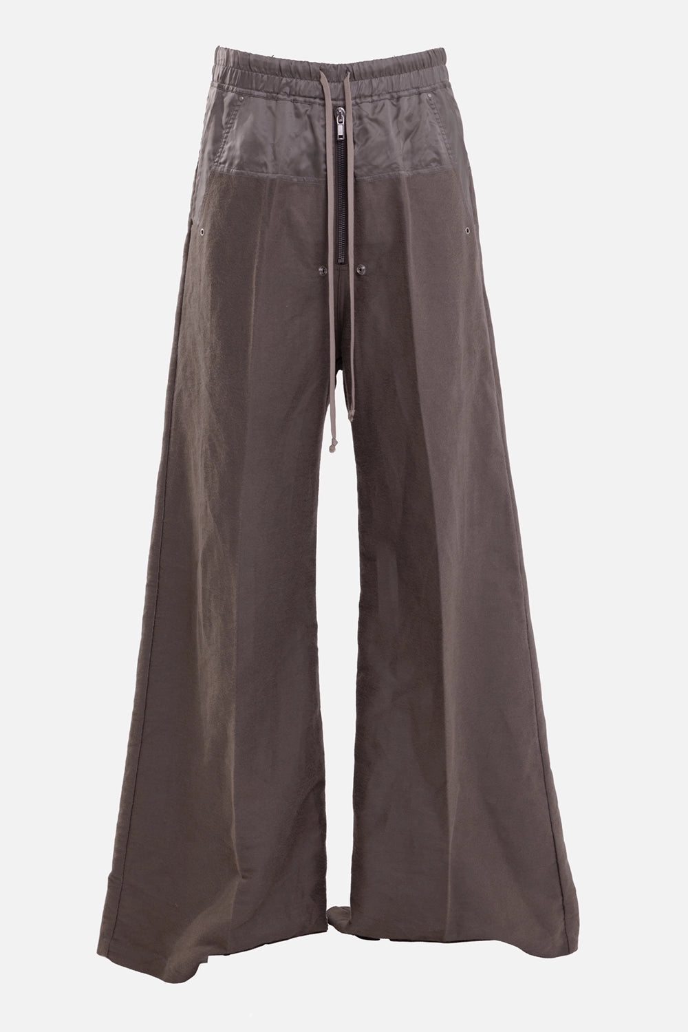 Rick Owens men's Wide Bela pants in Drk Pearl, front view with drawstring waist, long zip and welt pockets
