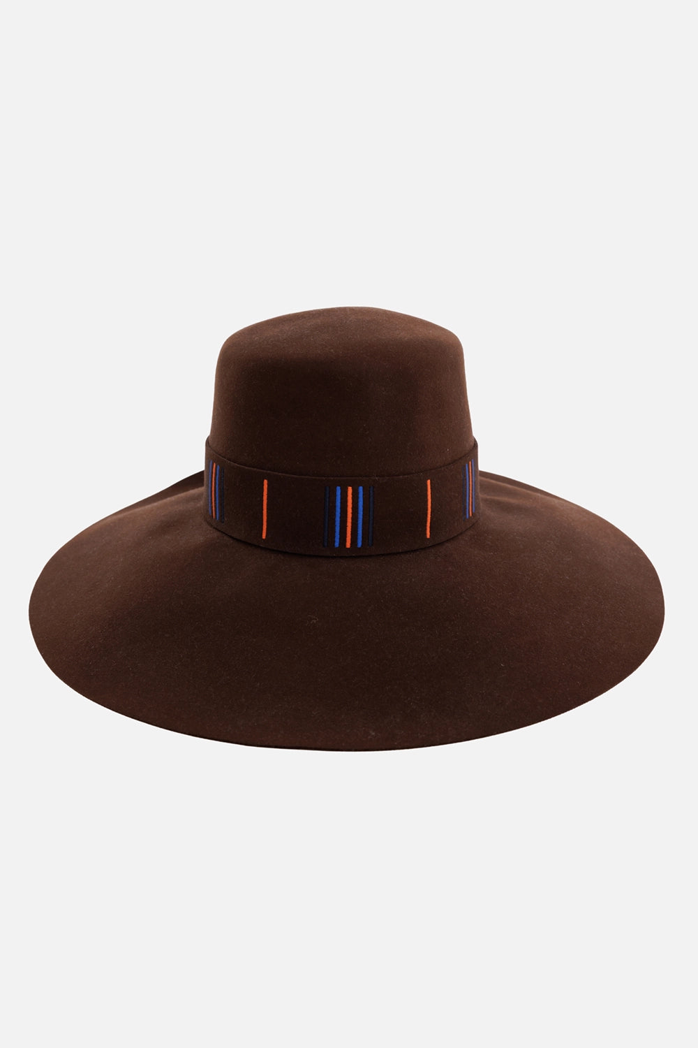 Hermès women's hat in brown, front view, wide brim and Rocabar embroidered band