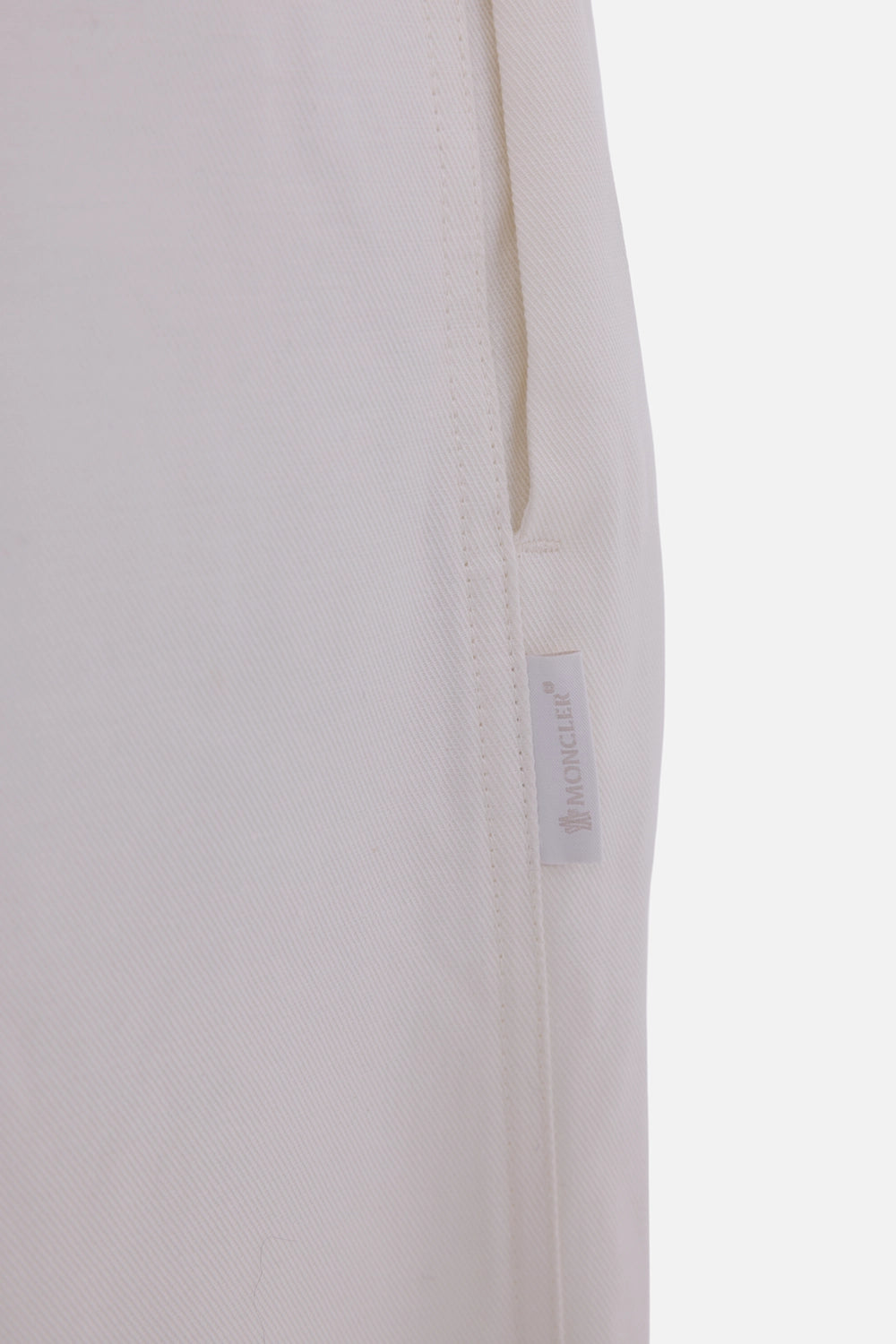 Moncler women's wide-leg culottes in off-white, logo detail with side seam tag and twill texture