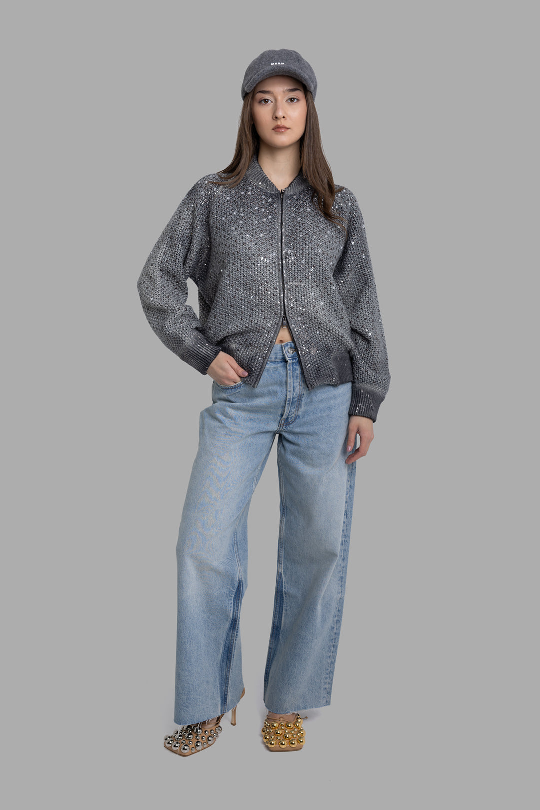 Anine Bing women's Tux Blue Manon wide-leg jeans, full-length on-model view with high-rise waist and relaxed leg.