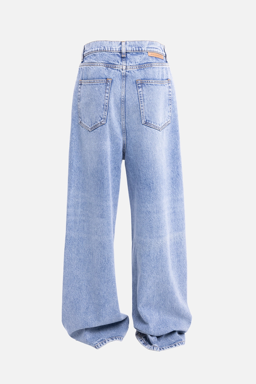 Pre-owned Stella McCartney women wide-leg jeans in vintage blue, back view, two patch pockets and logo patch waistband.