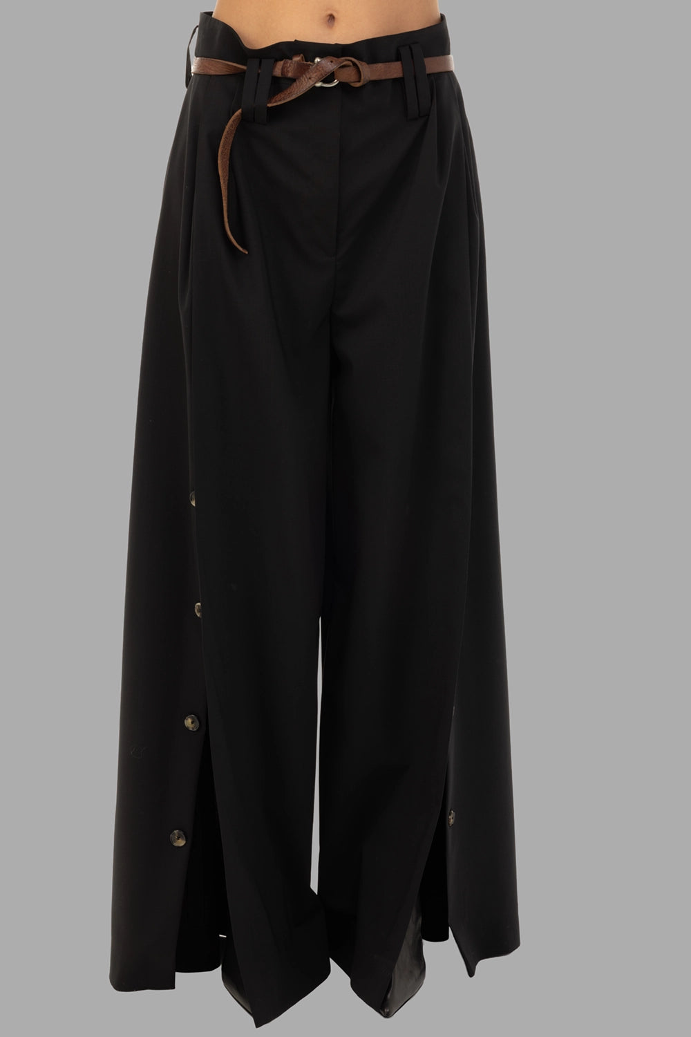 A.W.A.K.E. MODE women's wool wide-leg pants in black, front view, high waist with belt loops and pressed pleats