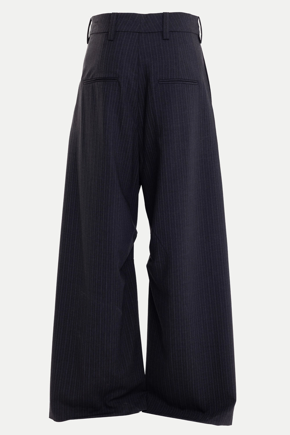 Torishéju women's wide-leg pants in dark navy pinstripe, back view, welt pockets and belt loops