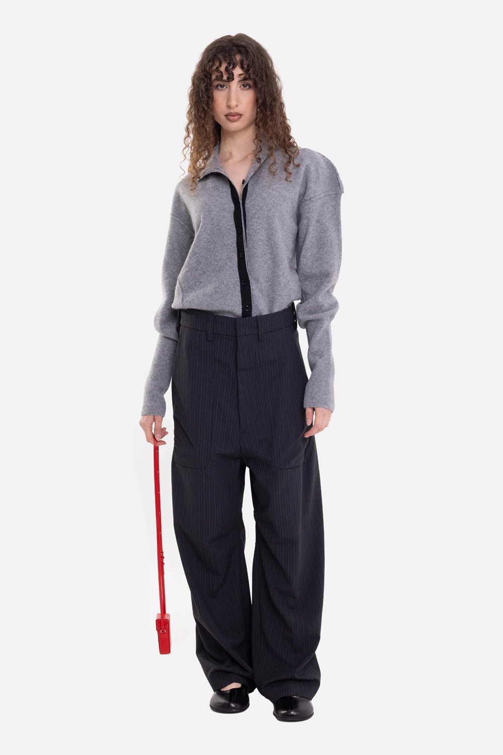 Torishéju women's wide-leg pants in dark navy pinstripe, on-model full-length view, wide pooled legs