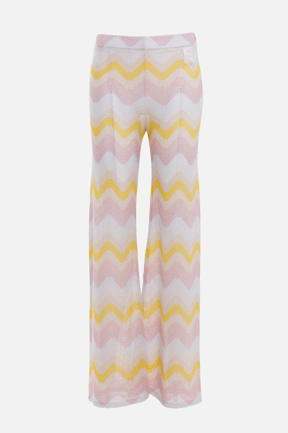 Anjuna women's wide-leg pants in multirose, front view, open crochet knit with yellow chevron bands