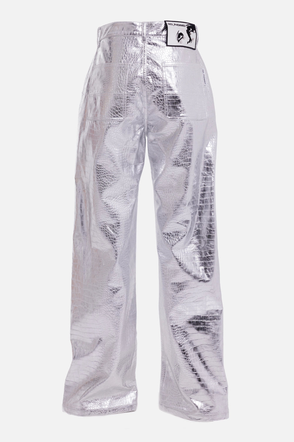 DES PHEMMES women's silver wide-leg pants, back view with patch pockets, logo tab and metallic croc texture