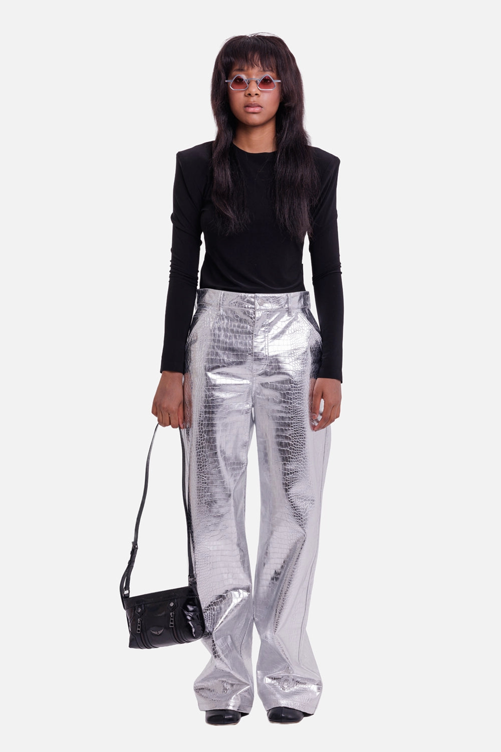 DES PHEMMES women's silver wide-leg pants on model, full-length view with high waist and reflective croc finish