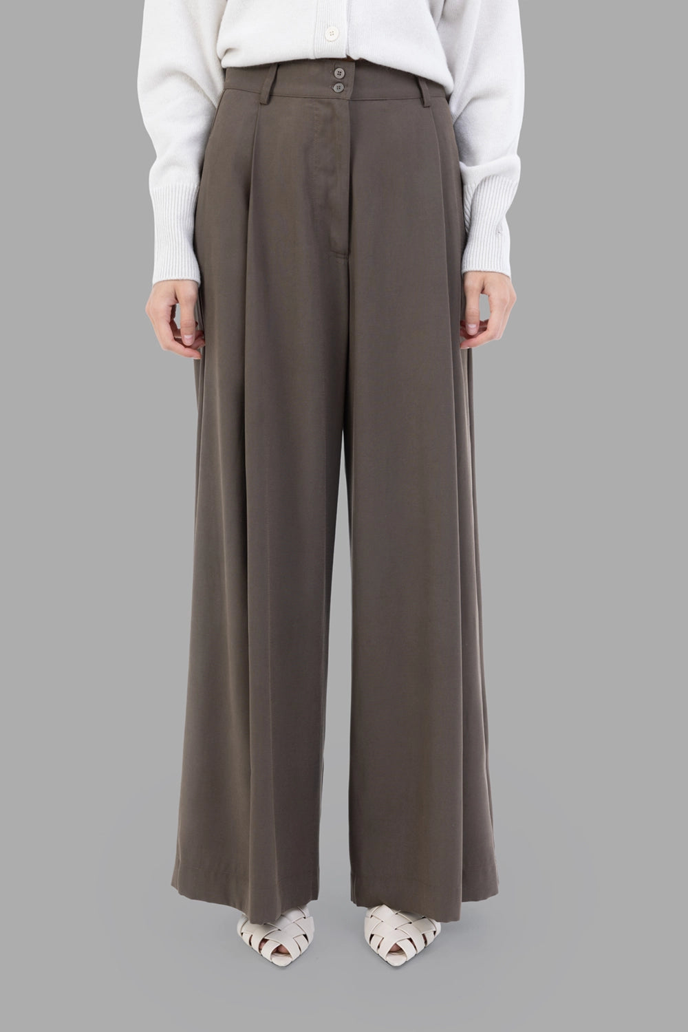 Gentry Portofino women wide-leg pleated trousers in Mastice, front view, triple-button waist and deep pleats