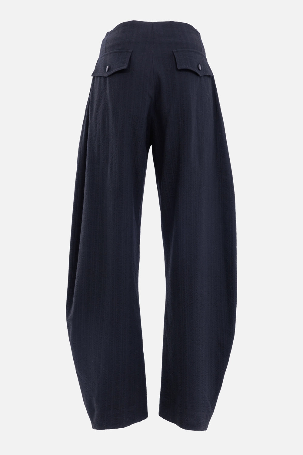 Gentryportofino women's black wide-leg trousers, back view with buttoned flap pockets and curved legs