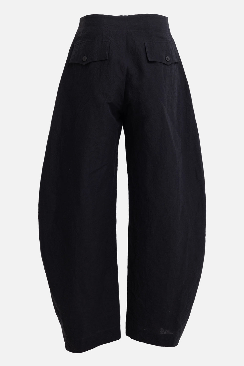 Gentry Portofino women's wide-leg trousers in black, back view, flap button pockets and curved outer seams