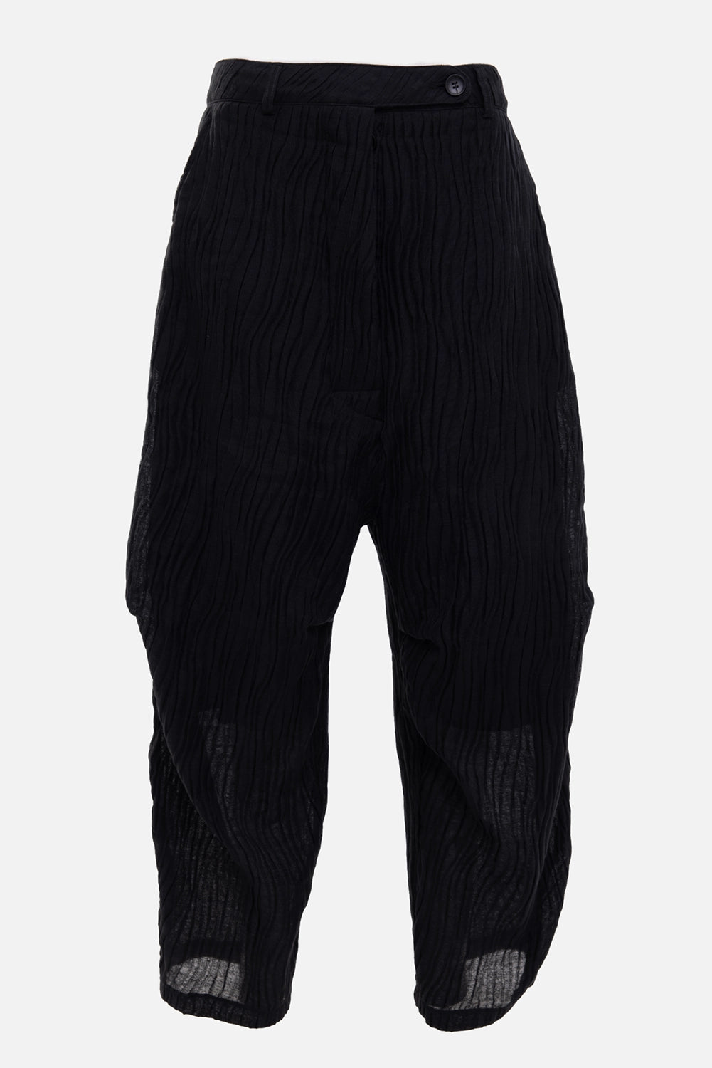 Marc Point women's trousers in black, front view, off-centre button waist and textured fabric