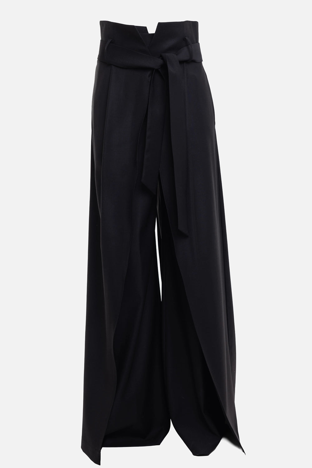 Sehnsucht Atelier women's trousers in black, front view, self-tie belt and wrap-front wide leg