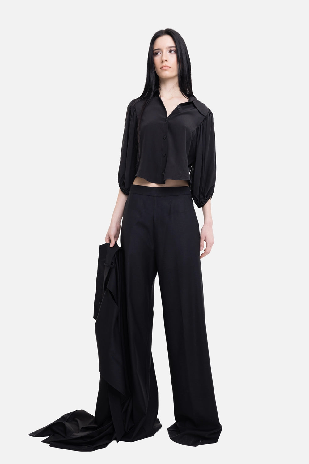 Sehnsucht Atelier women's trousers in black, on-model full length, high waist and wrap-front drape