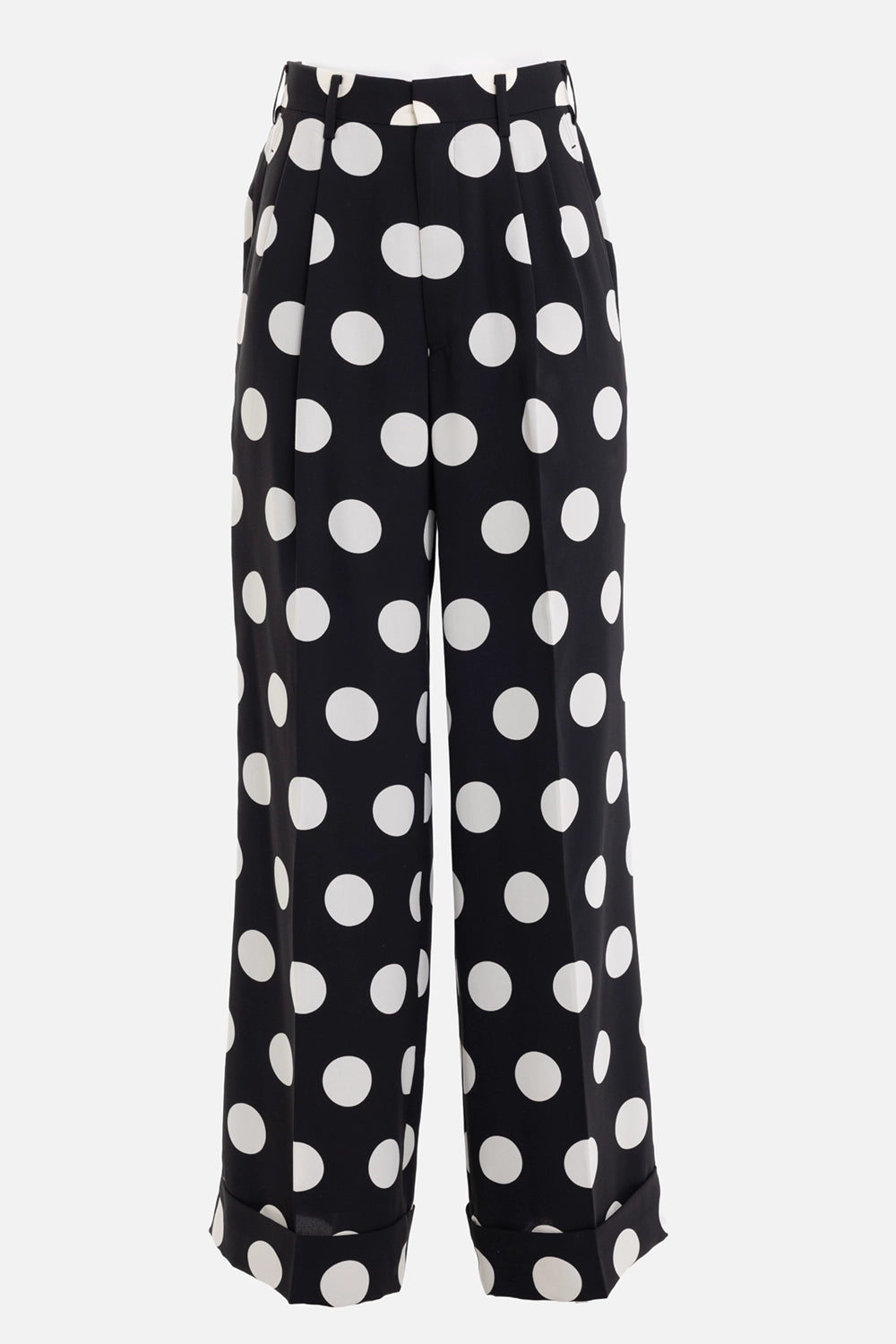 Junya Watanabe women's wide-leg trousers in black and white polka dot, front view, high waist and loose drape