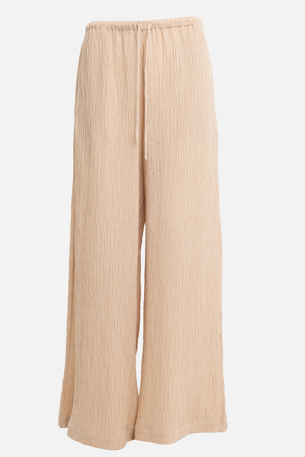 By Malene Birger women's wide-leg trousers in dark sand, front view, drawstring waist and crinkled weave
