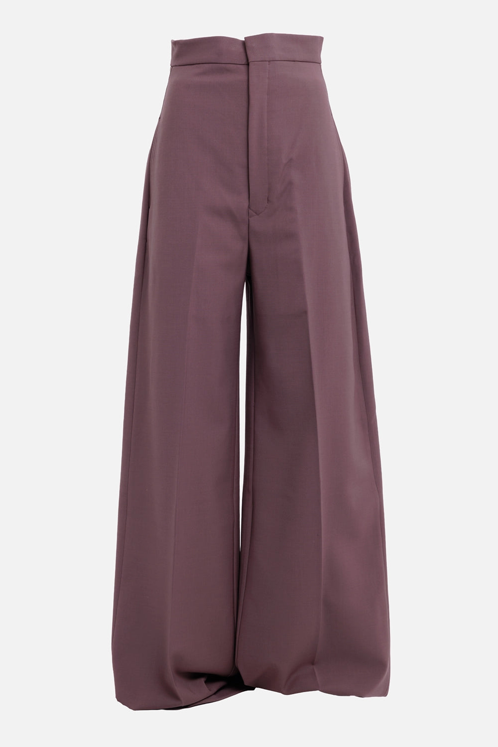 Rick Owens women's wide-leg trousers in Grape, front view with overlapping high waistband and long wide legs