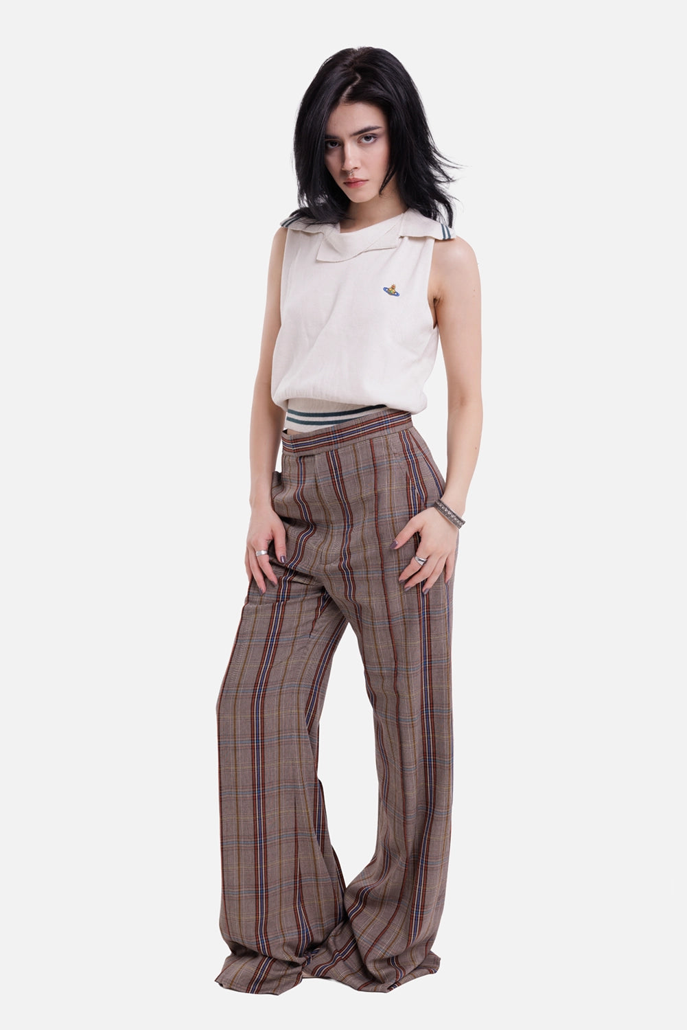 Vivienne Westwood women's wide-leg trousers in multi, full-length model view with Dandy Hunt check and floor-skimming hems