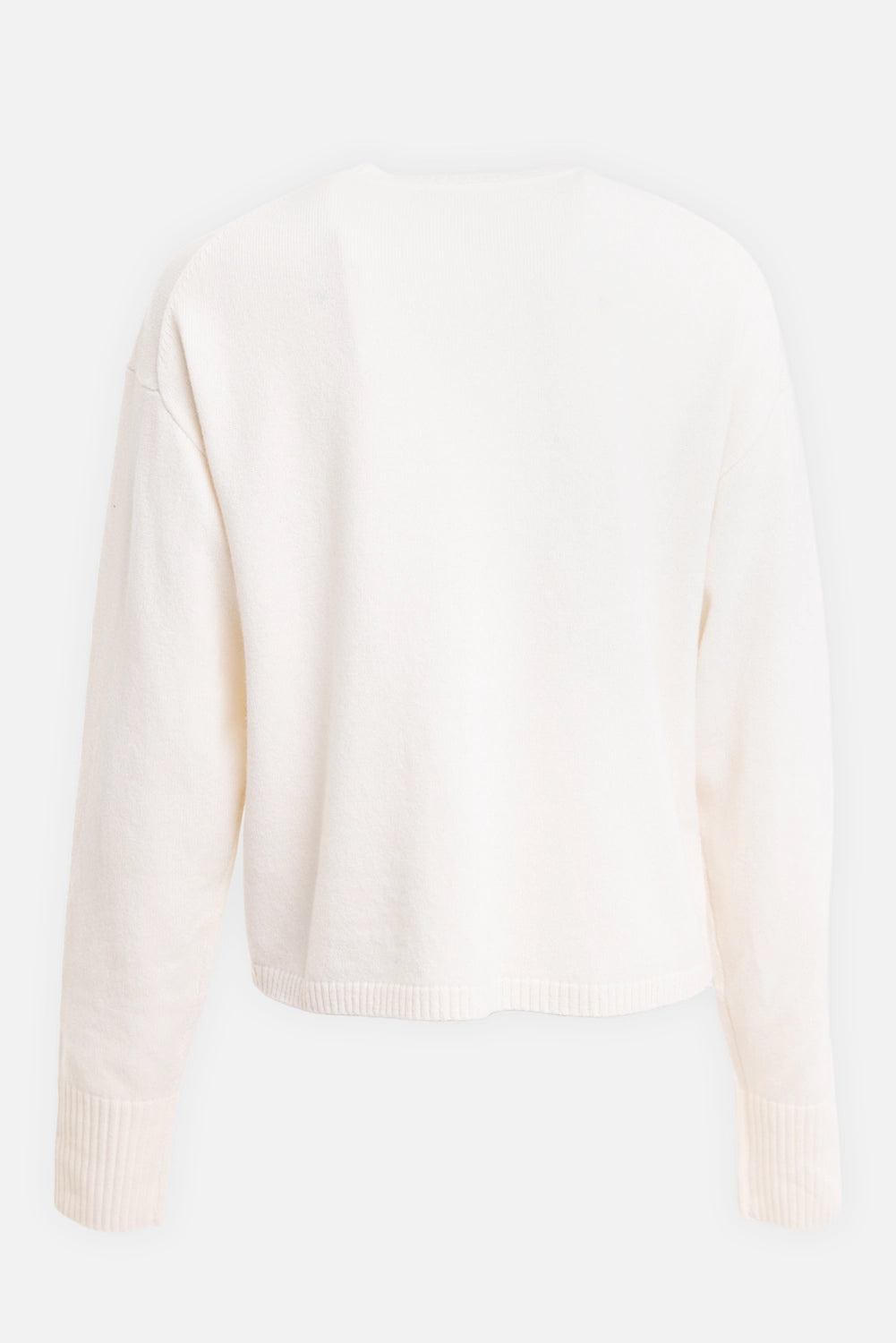 By Malene Birger women's wool cardigan in soft white, back view, loose fit with ribbed hem and cuffs