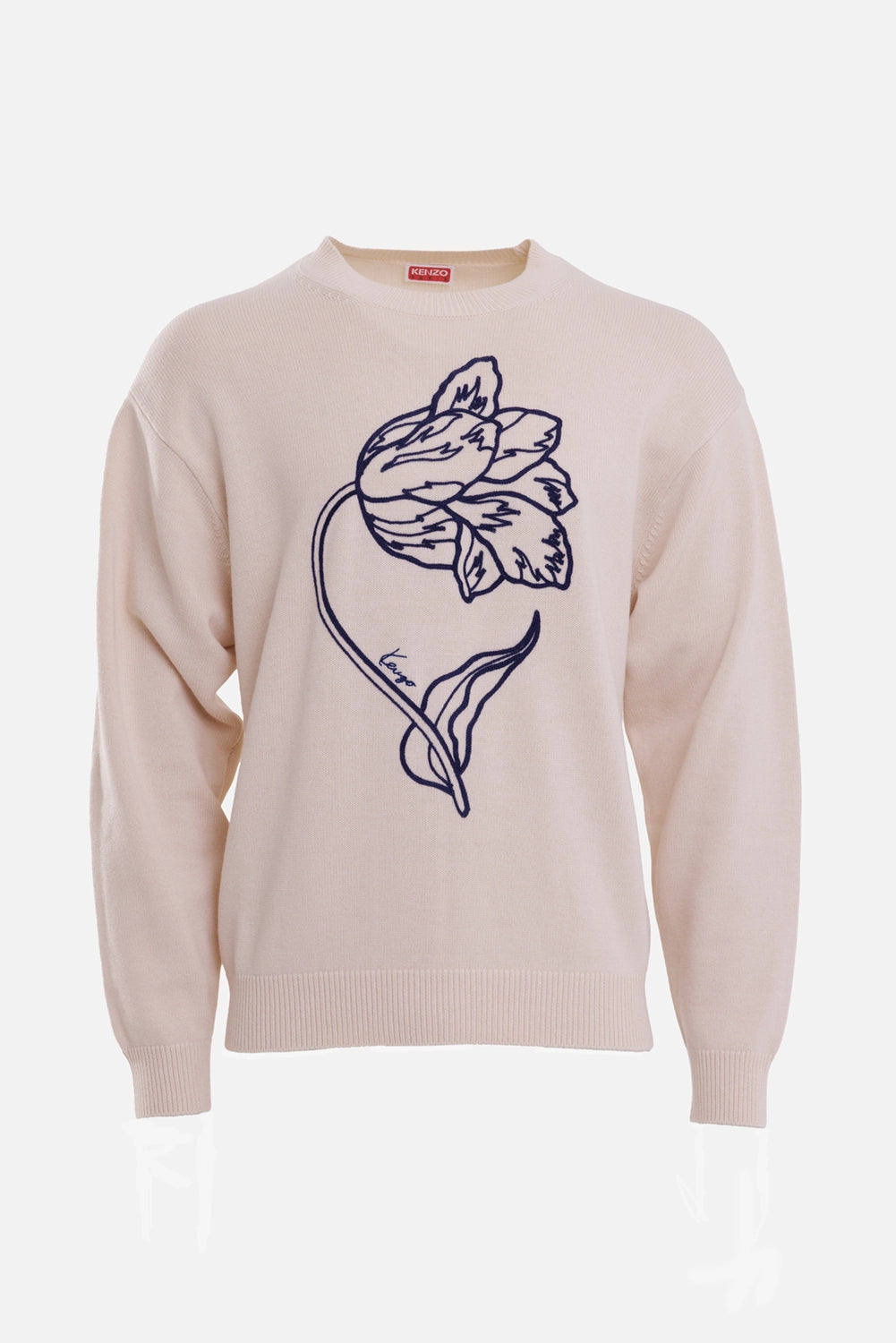KENZO men's off-white wool-cotton jumper, front view with outlined tulip embroidery and crew neck