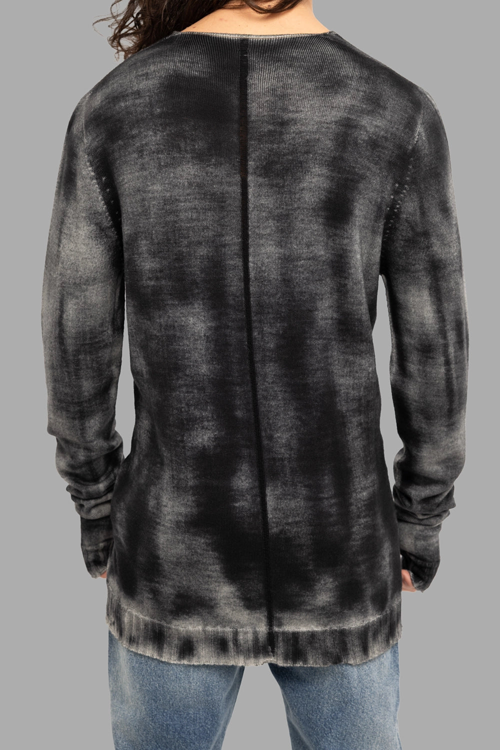MD75 men’s wool crewneck sweater in black spray, back view, center-back seam and ribbed hem.