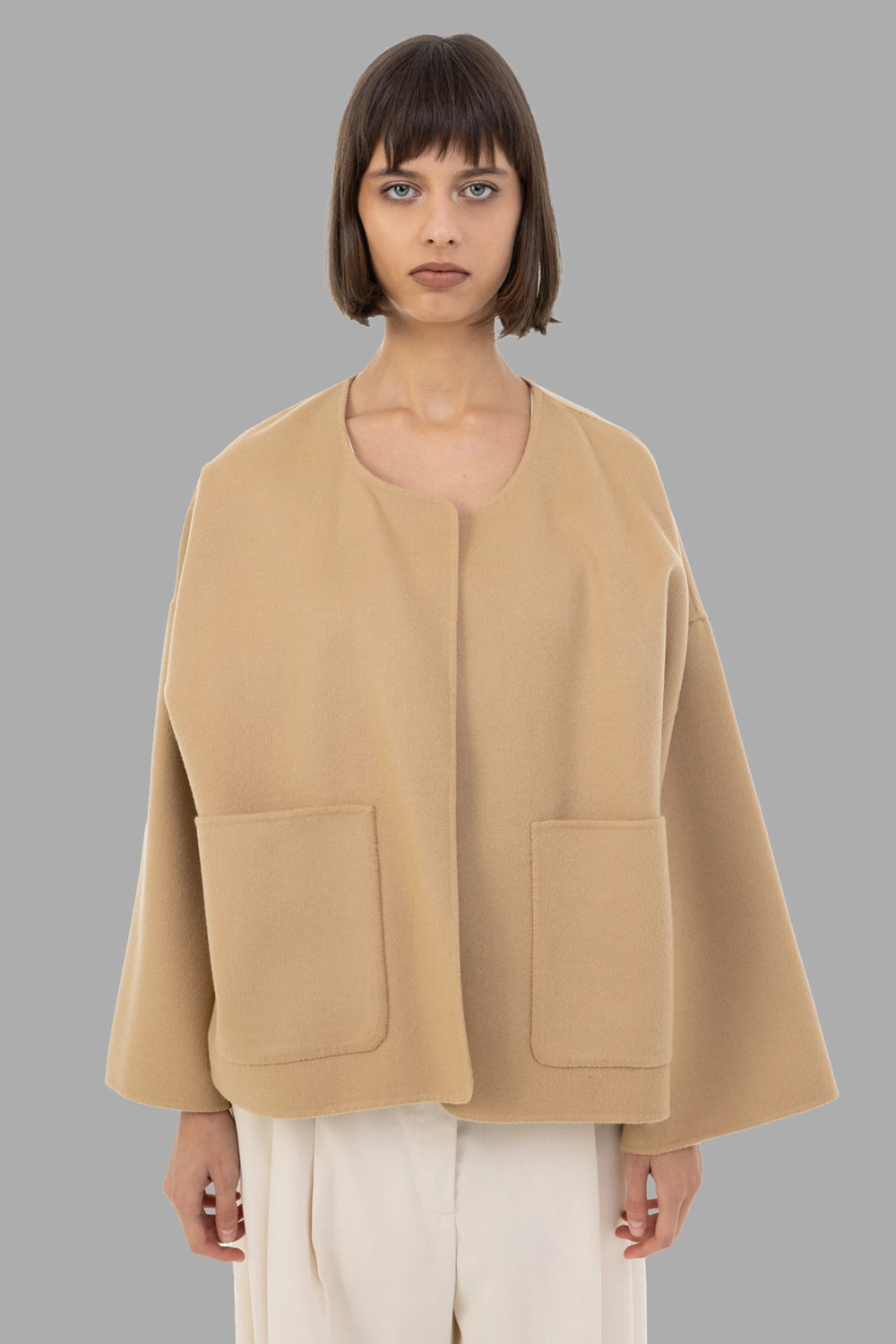 By Malene Birger women's wool jacket in Dark Sand, front view, round neckline and large patch pockets