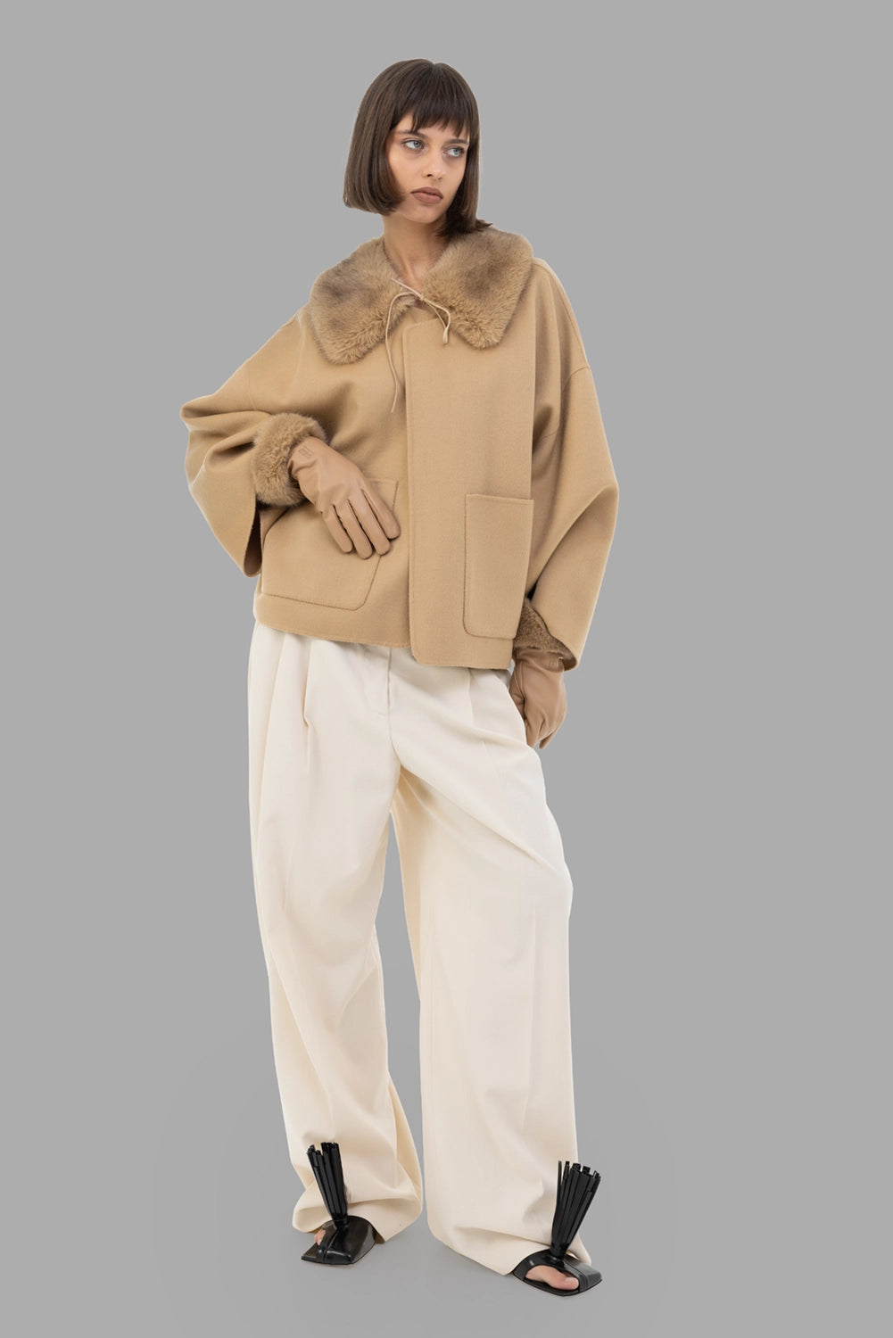 By Malene Birger women's wool jacket in Dark Sand, on-model full length, wide sleeves and patch pockets