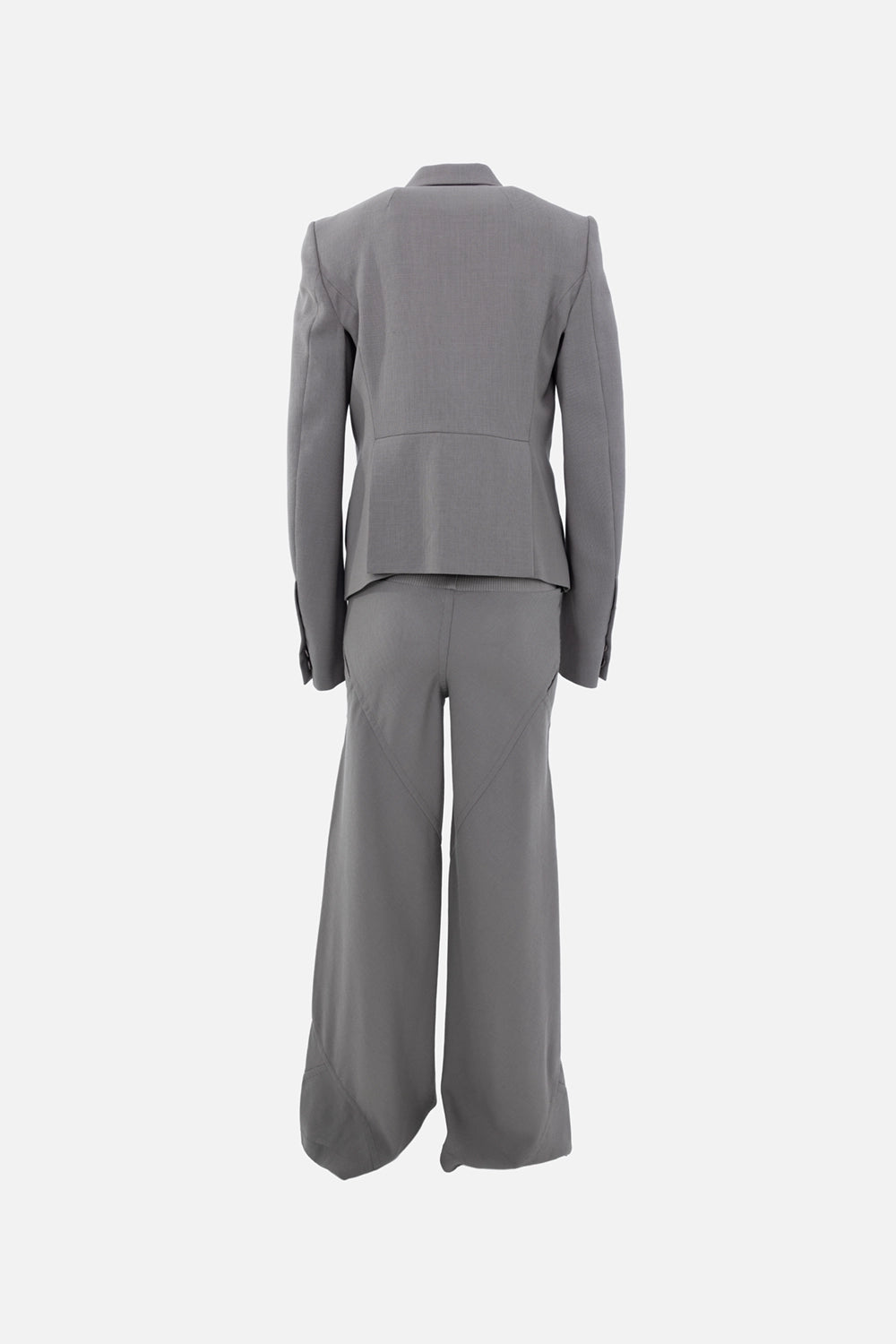 Pre-owned Rick Owens women's wool suit in grey, back view, structured blazer with wide-leg trousers