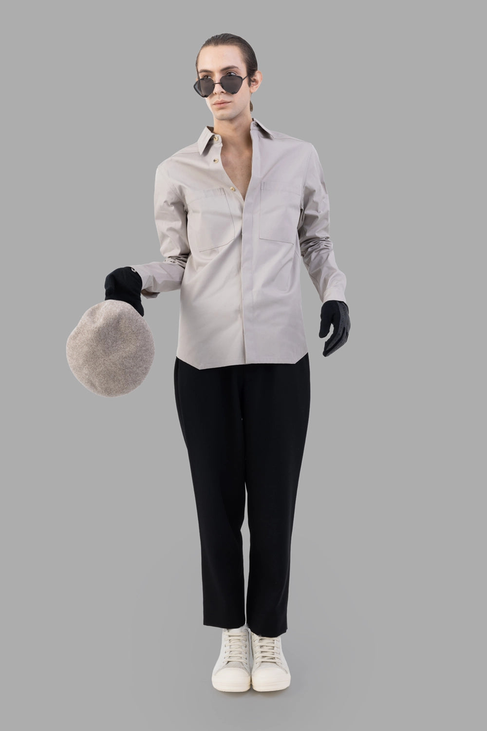 Rick Owens work shirt in pearl, on-model full length, concealed placket and dual chest pockets
