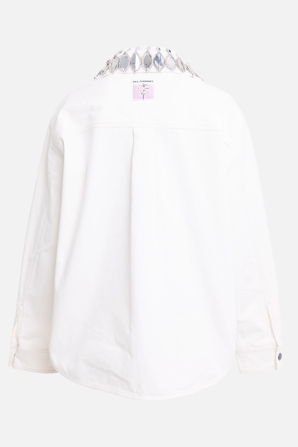 Des Phemmes women's workwear shirt in off white, back view, boxy shape and curved hem
