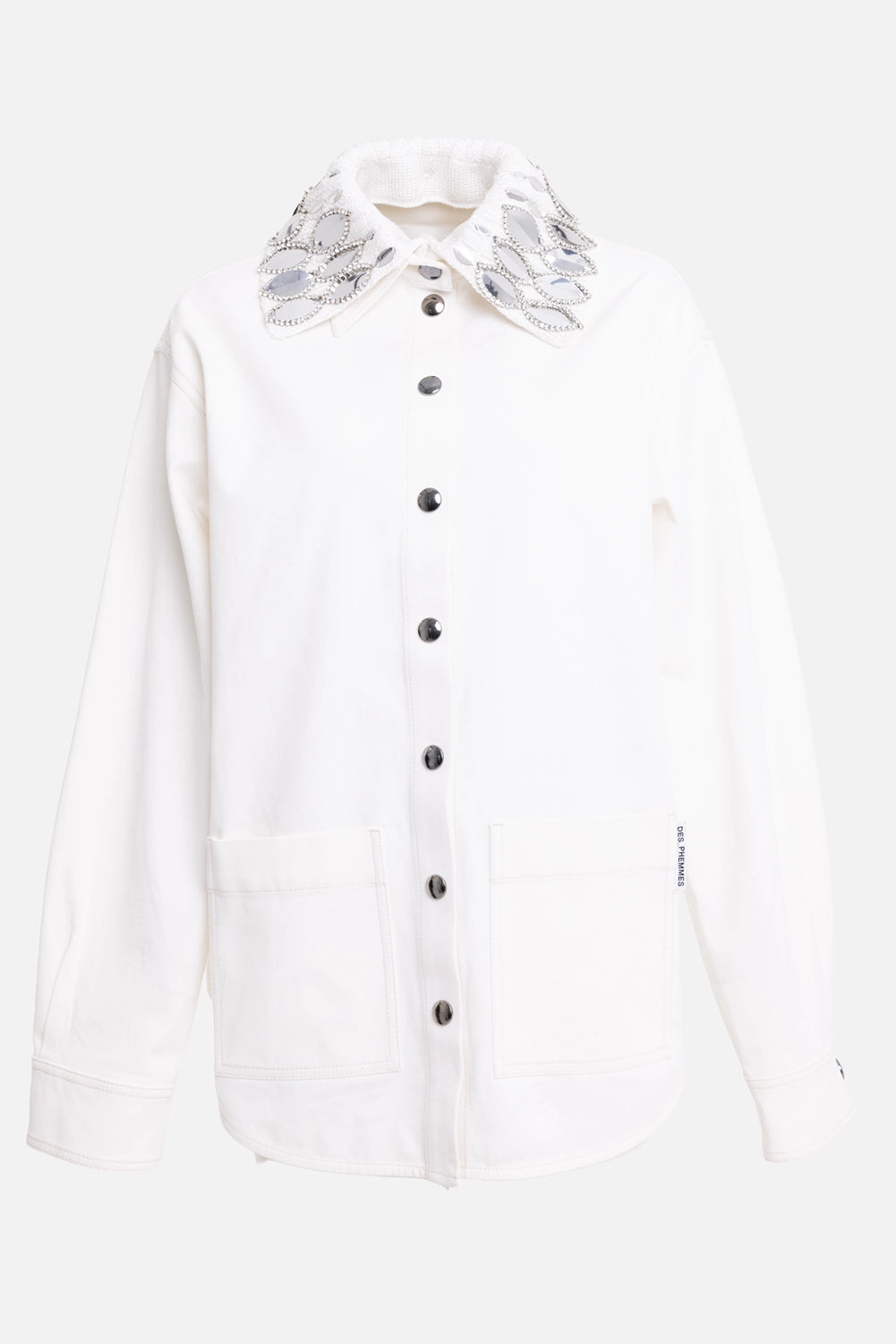 Des Phemmes women's workwear shirt in off white, front view, mirror-embellished collar and snap buttons