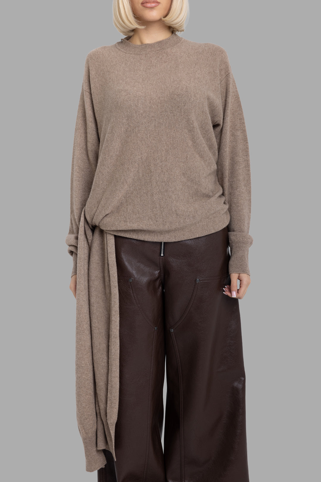Uma Wang women's tan cashmere wrap top, front half-length view showing relaxed crew neck and soft knit texture