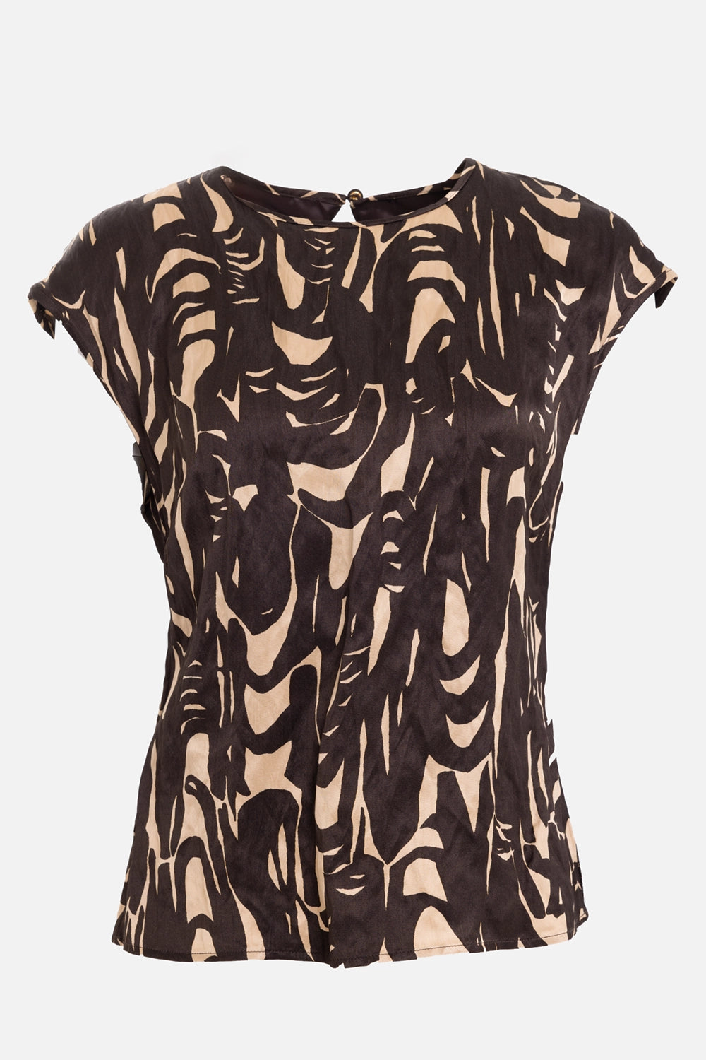 JOSEPH women's printed crinkle top in cocoa/powder, front view with cap sleeves and ribbon print
