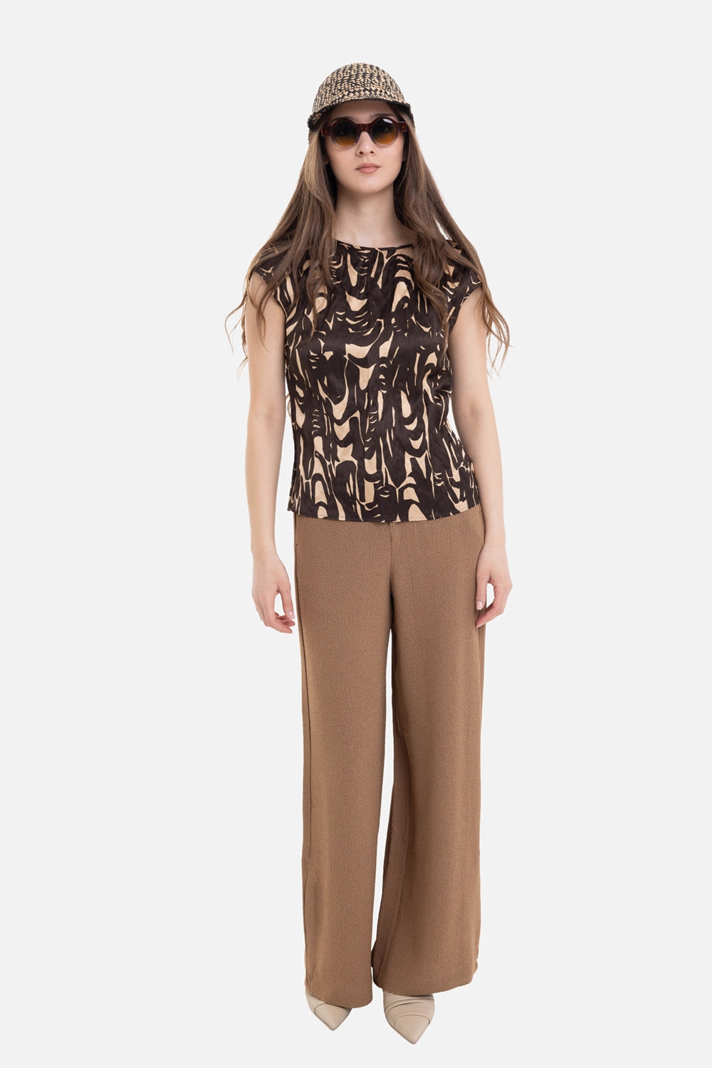 JOSEPH women's printed crinkle top in cocoa/powder, on-model full length with sleeveless cut and slim fit