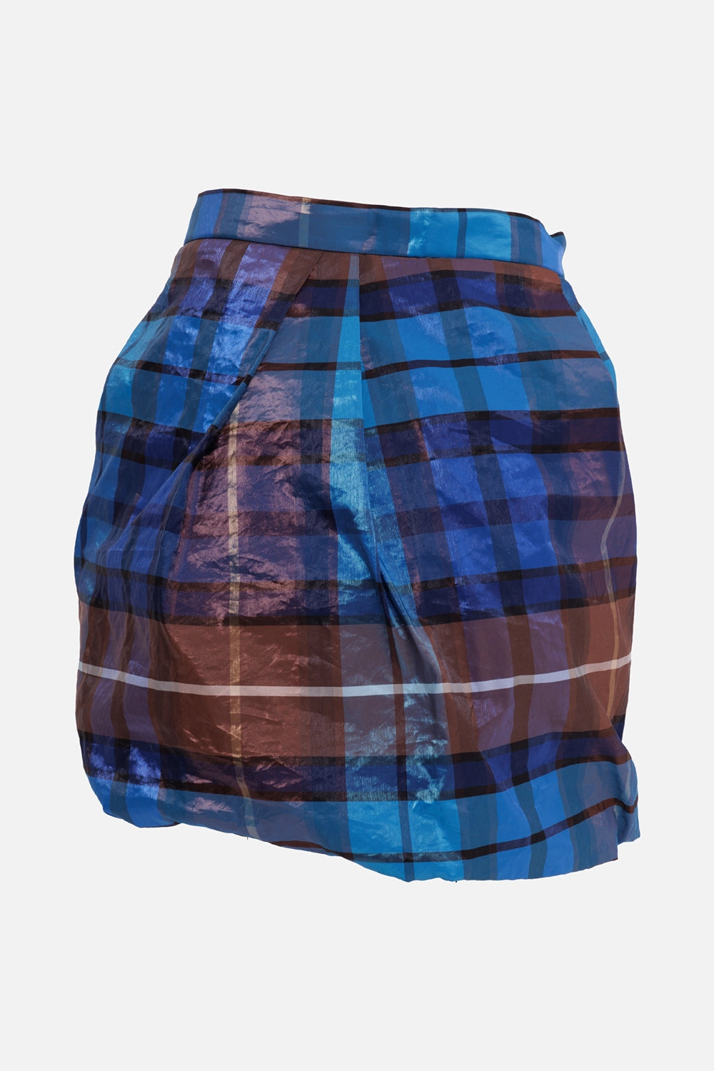 Vivienne Westwood women's mini skirt in blue/brown tartan, back view with clean waistband and rounded hem