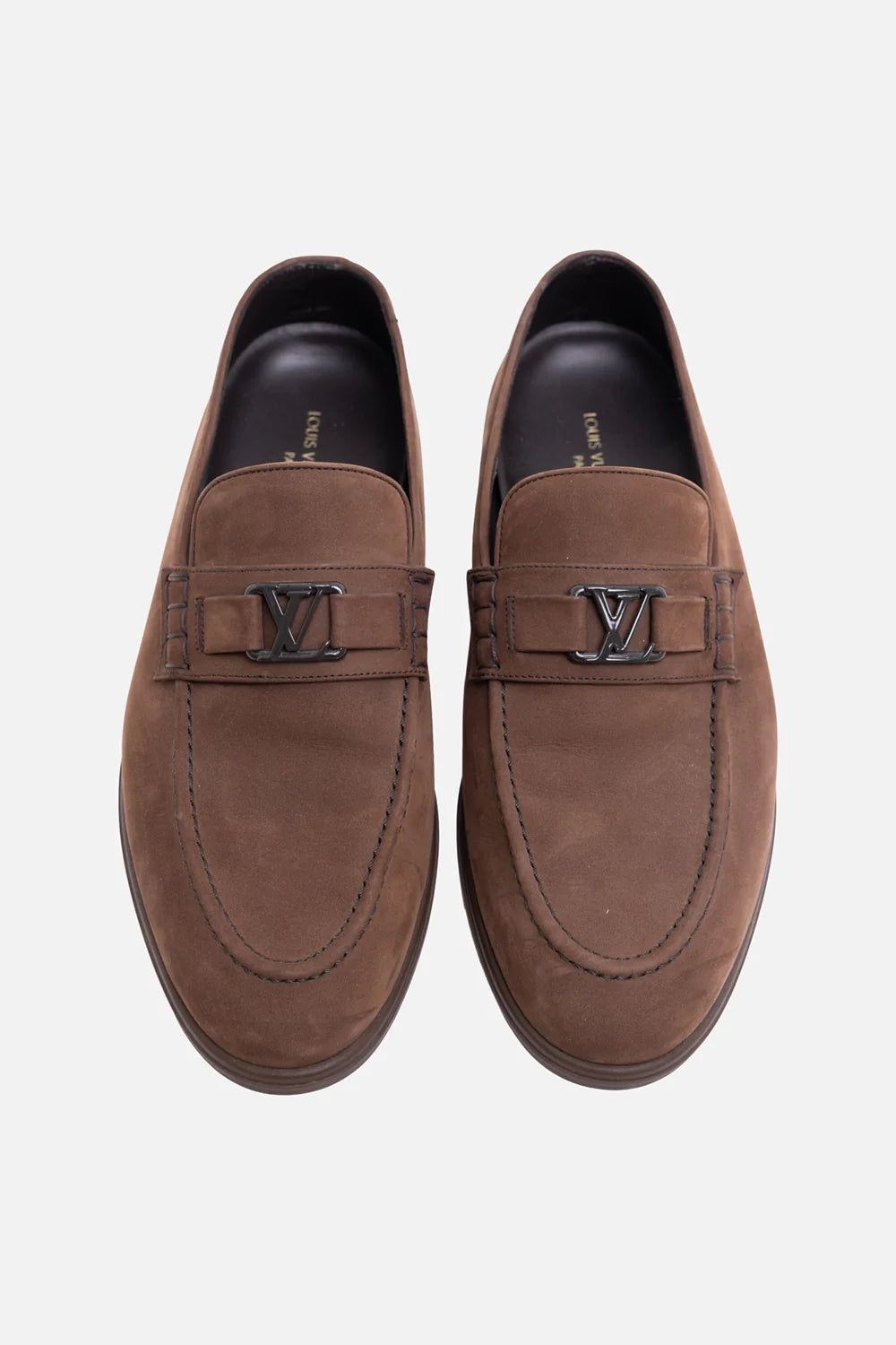 Pre-owned Louis Vuitton mens moka brown suede loafers with LV buckle