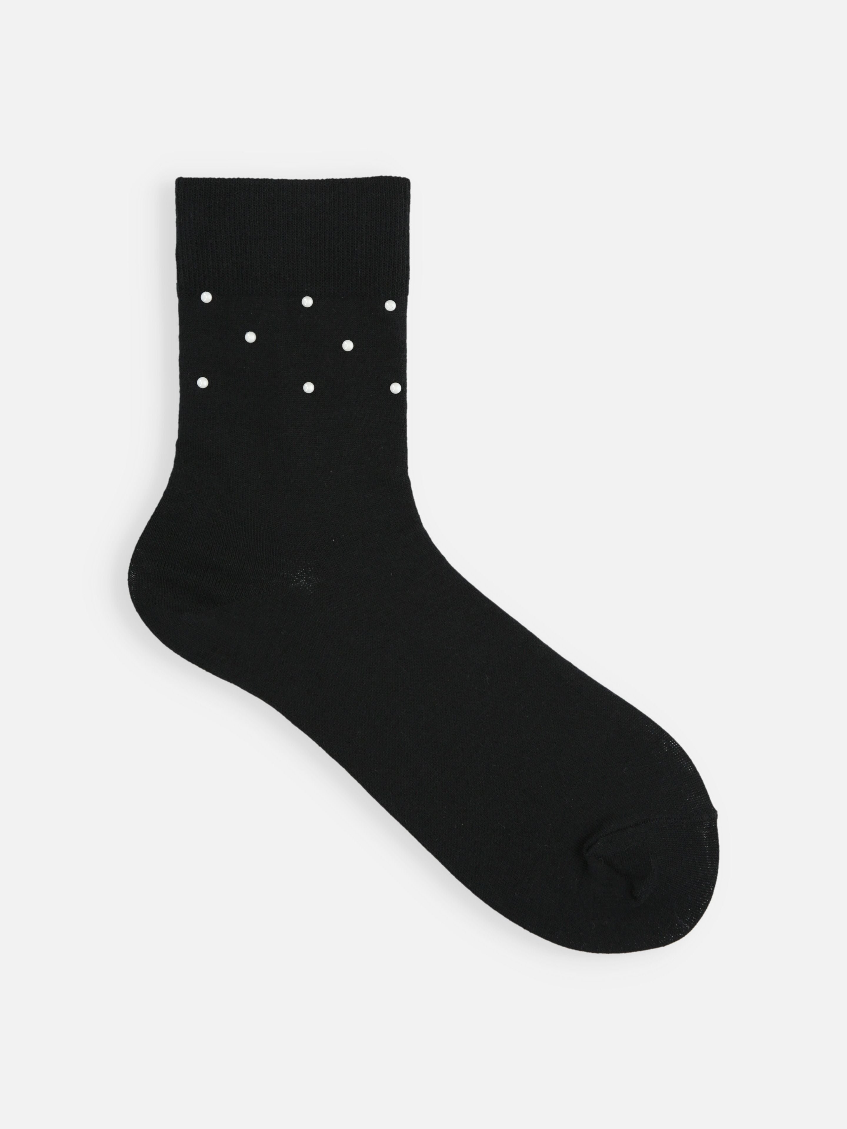 Tabio Jewel-adorned Socks, black mid-calf with rhinestone detail, fine knit for a discreet luxurious look, front view.