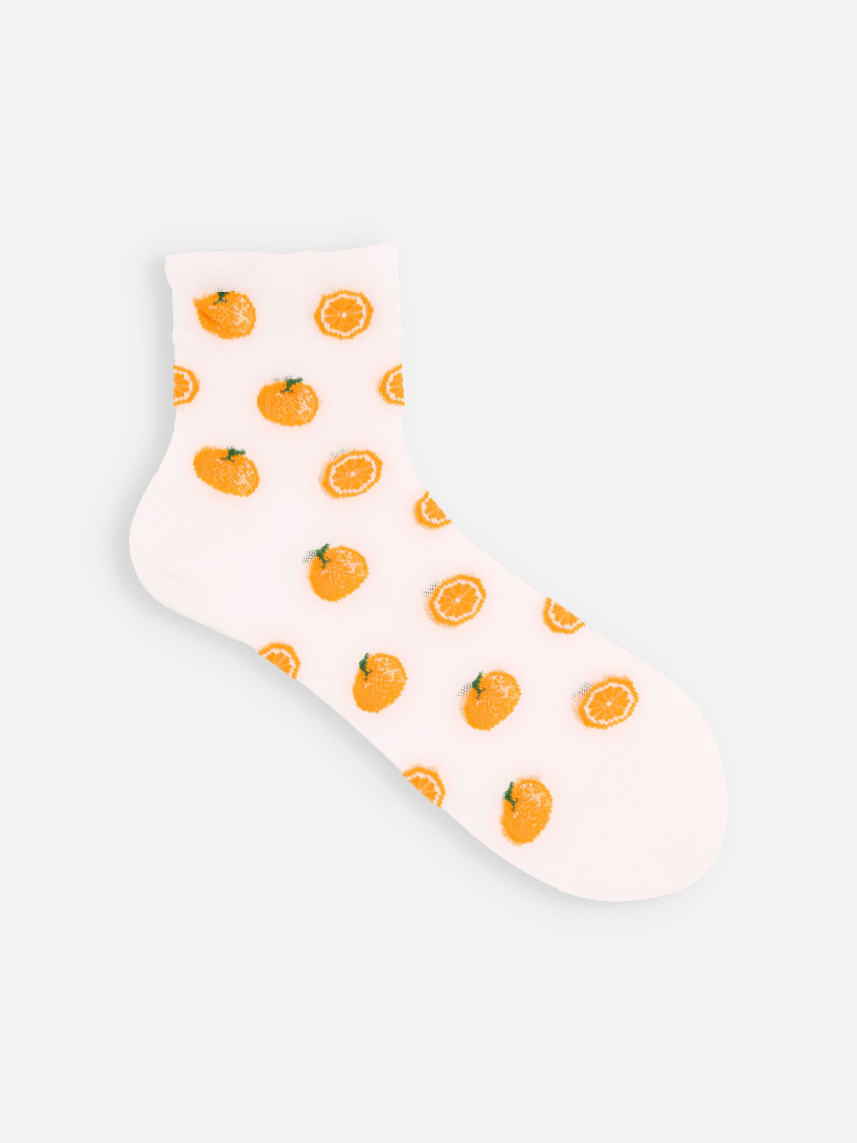 Tabio Tulle Orange Pattern Ankle Socks, showing detail of vibrant orange print on a white background, front view.