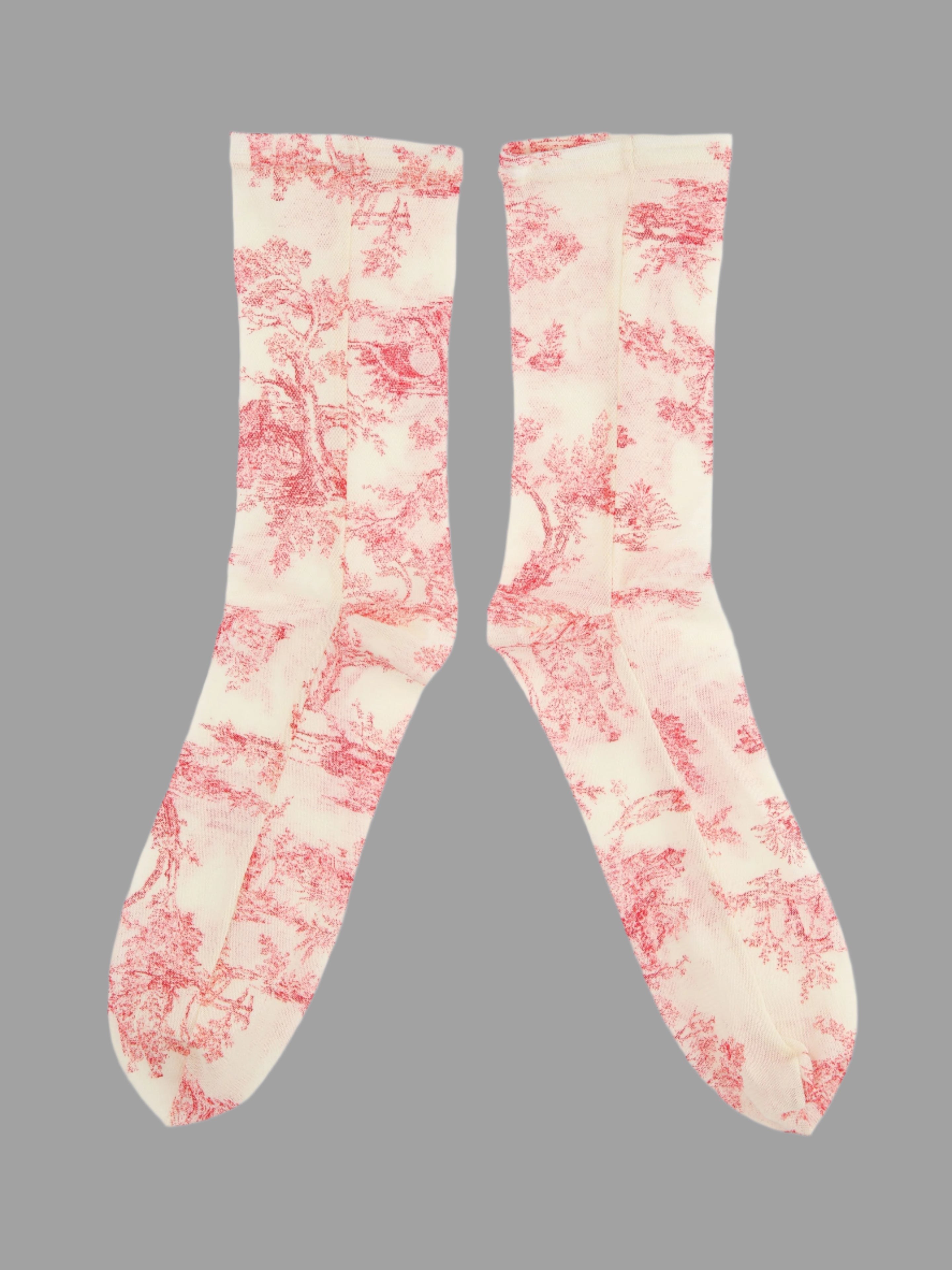 Tabio Sheer Toile De Jouy Crew Socks in red with 18th-century French Rococo print, front view, tulle fabric.