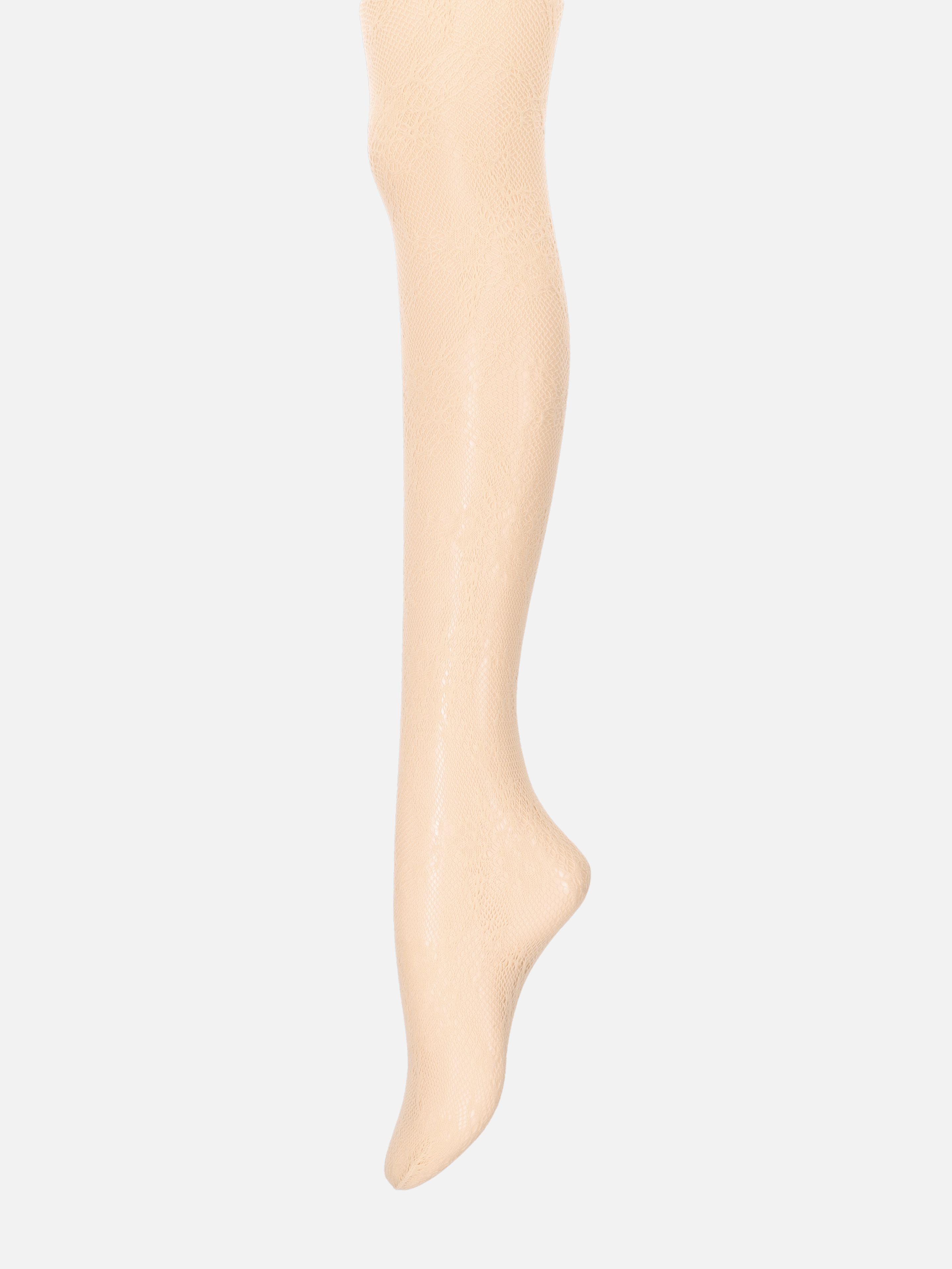 Tabio. Raschel Lace Tights showcased in detail, featuring a soft floral pattern extending to the toes, ideal for sandals.