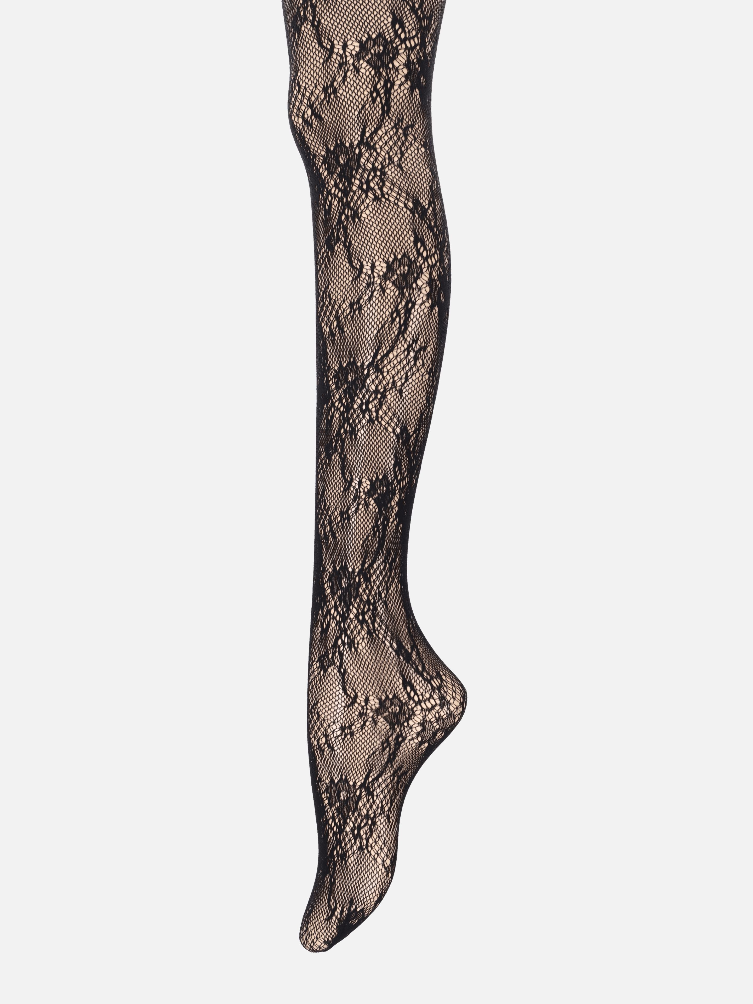 Tabio Raschel Lace Tights, side view showing detailed black floral pattern, suitable for wearing with sandals.