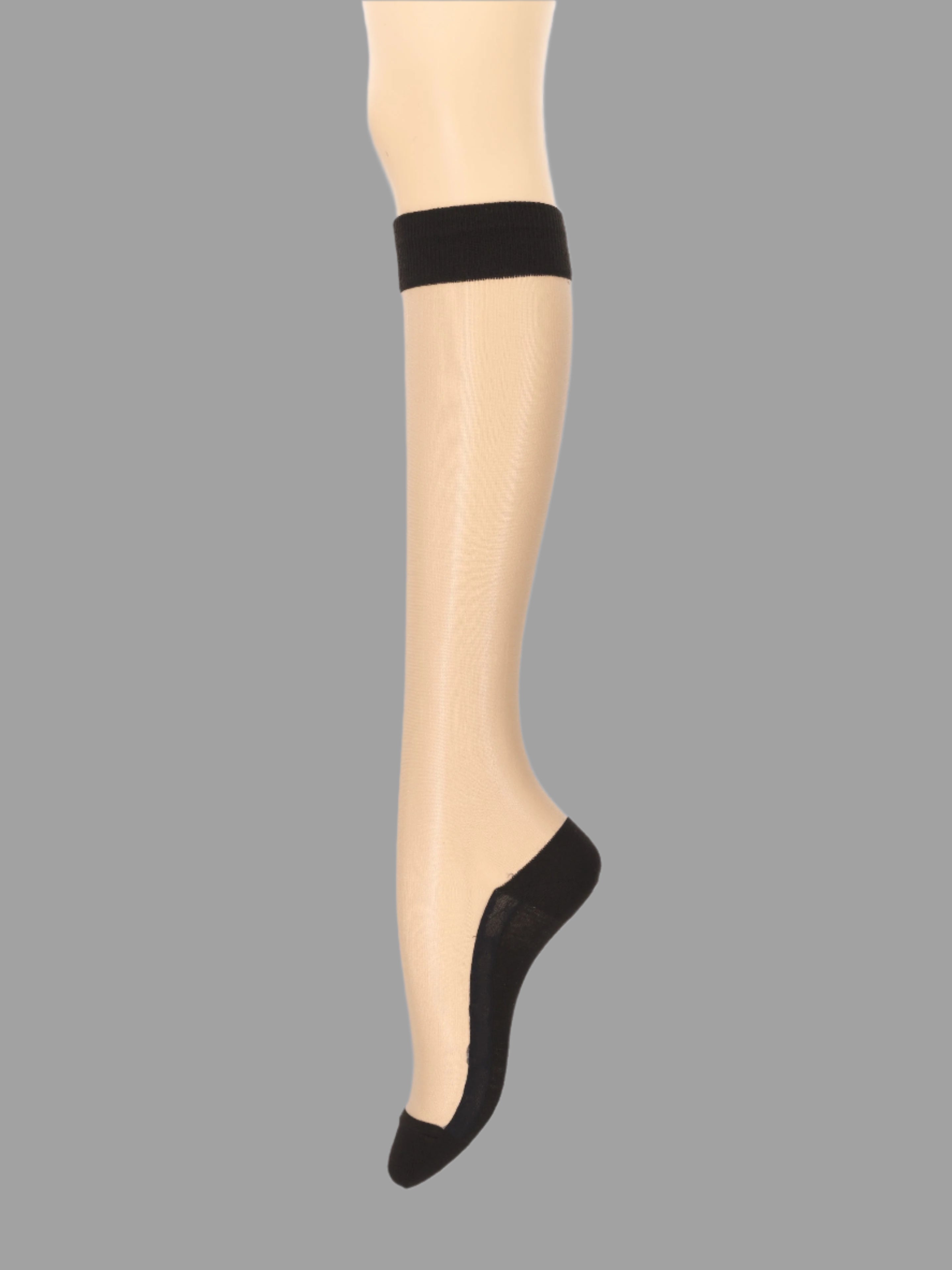 Tabio Ballerina Tulle Knee High Socks, side view on mannequin, showcasing sheer black material and elegant design.