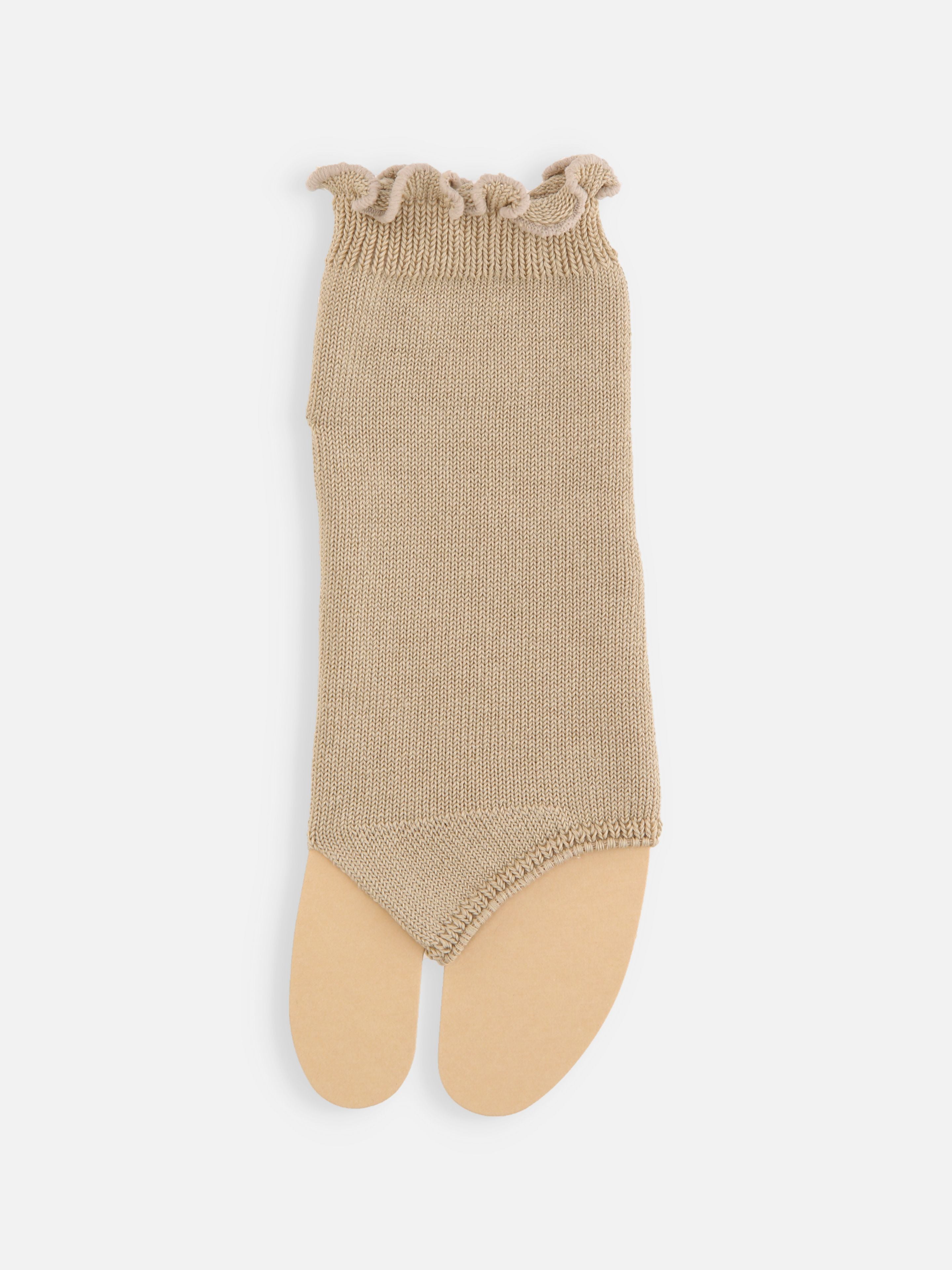 Tabio Tabi-Style Open Toe Trainer Socks in beige, featuring ruffled top and thong design, perfect for discreet comfort with.