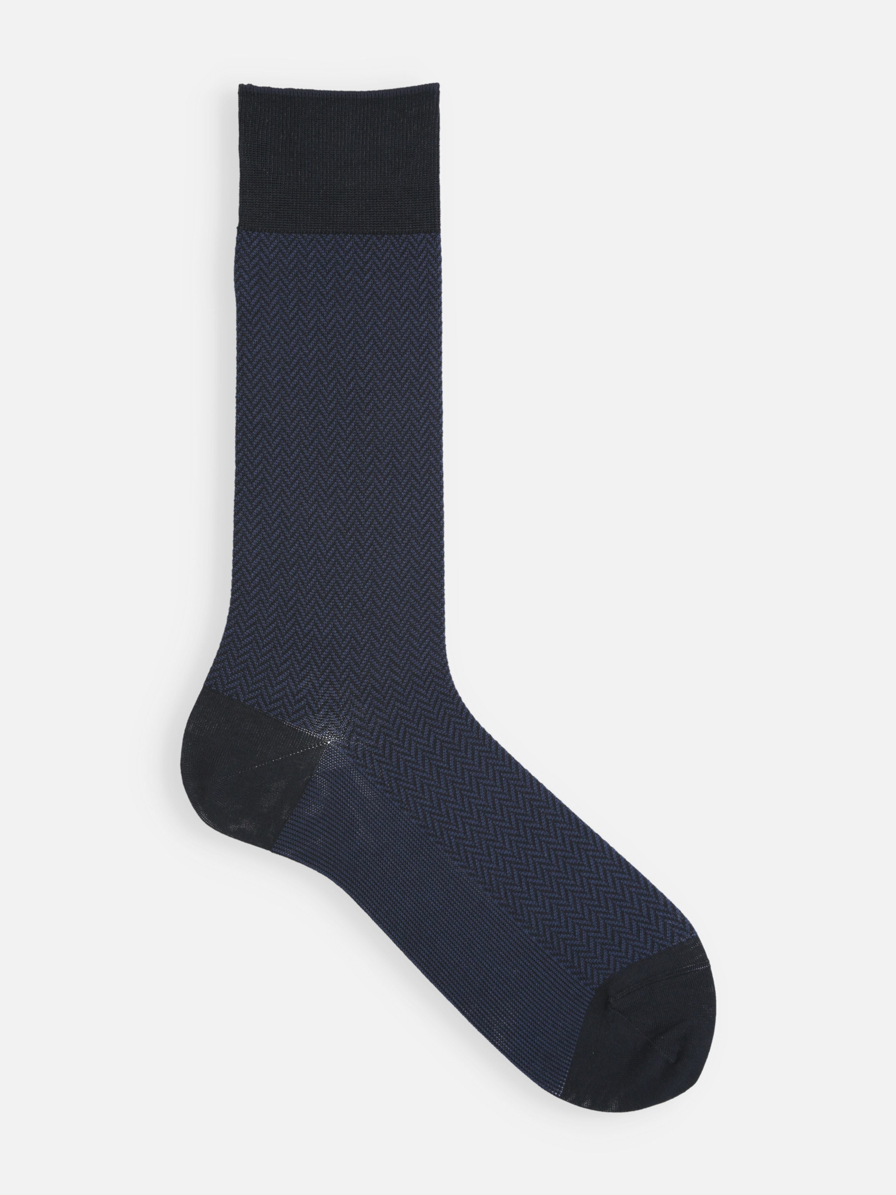 Tabio Herringbone Finest Supima Mid-Calf Socks, navy, side view showcasing elegant herringbone jacquard pattern.