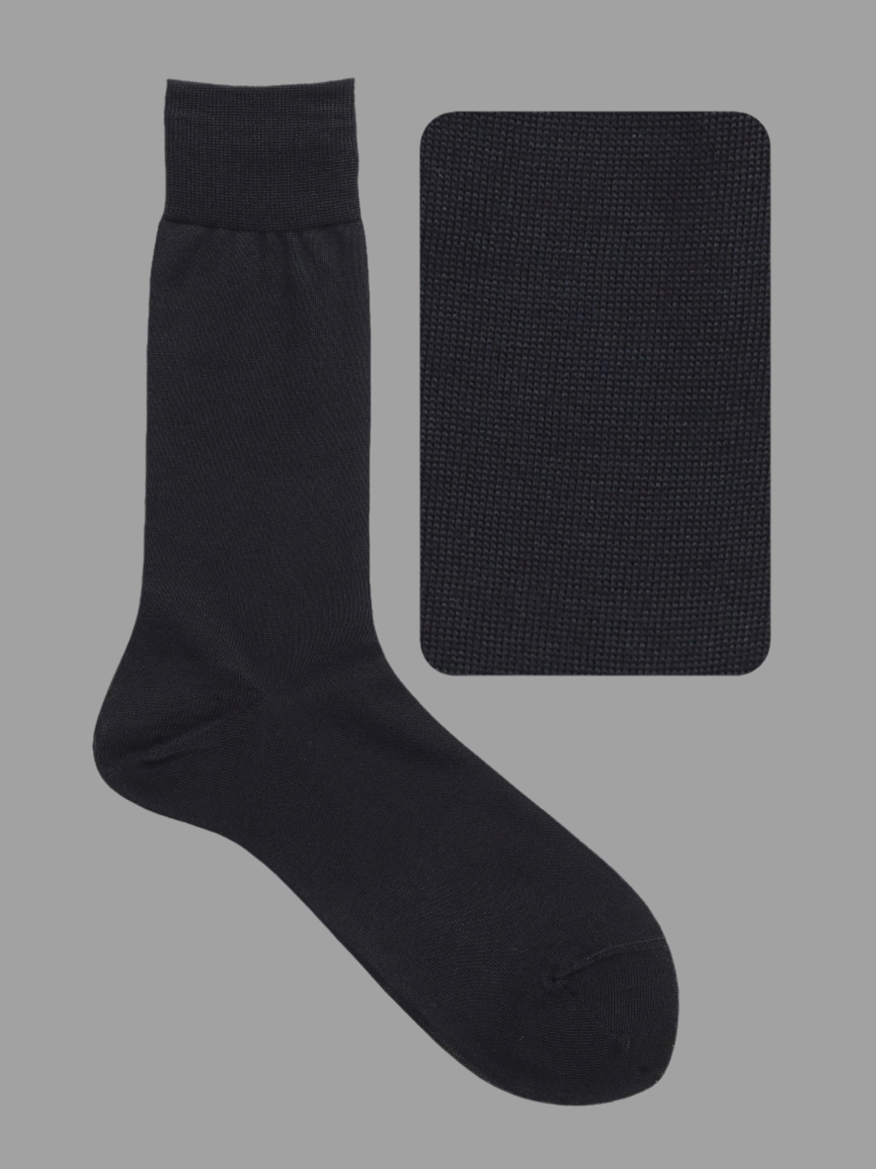 Tabio Plain High Socks in black, front view and close-up. Cotton mid-calf, stretchable hand-knitted fabric for comfort.