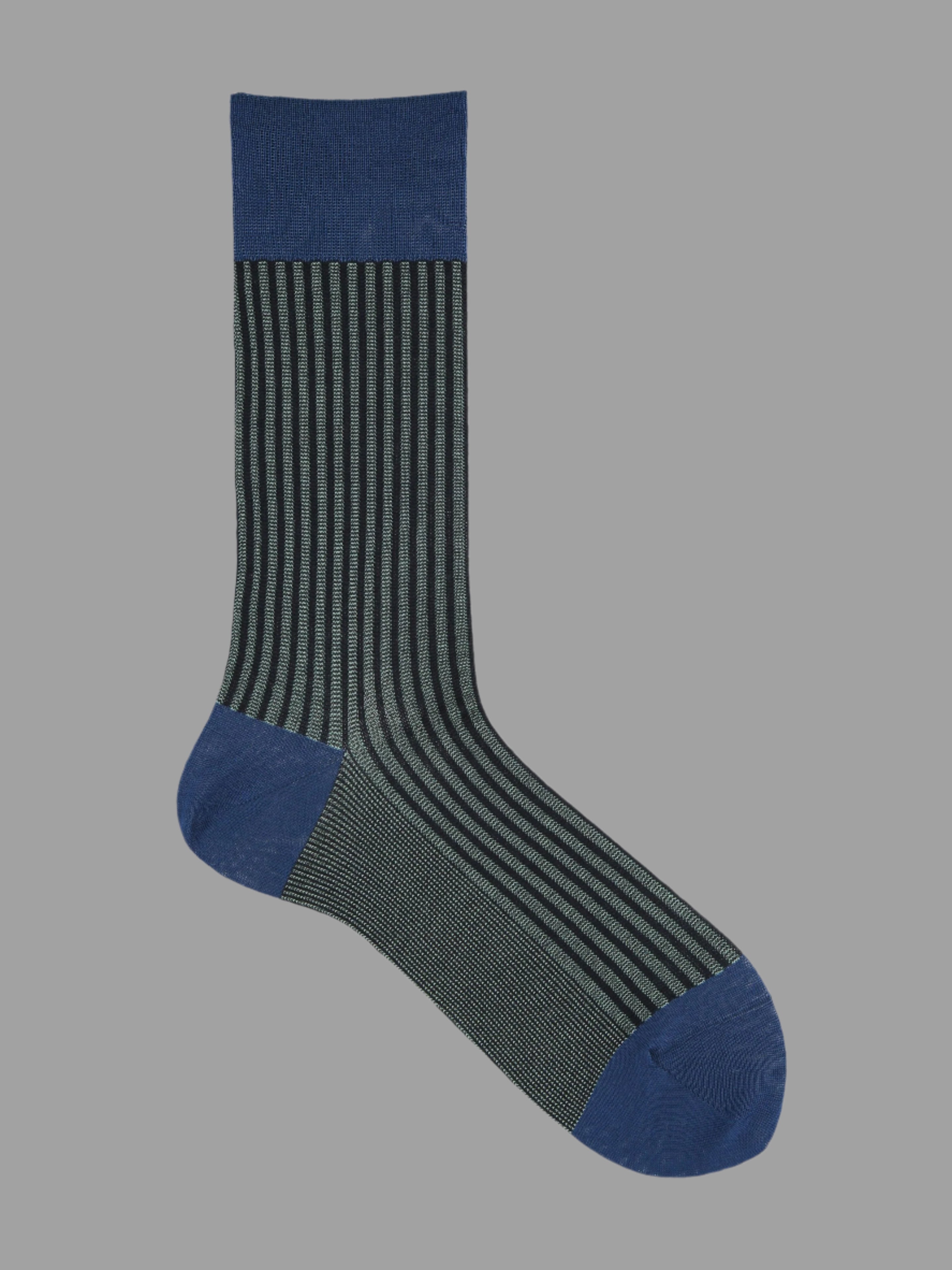 Tabio Jacquard Stripe Crew Socks showcase a bold, striped design in blue, highlighting their soft material and secure fit.