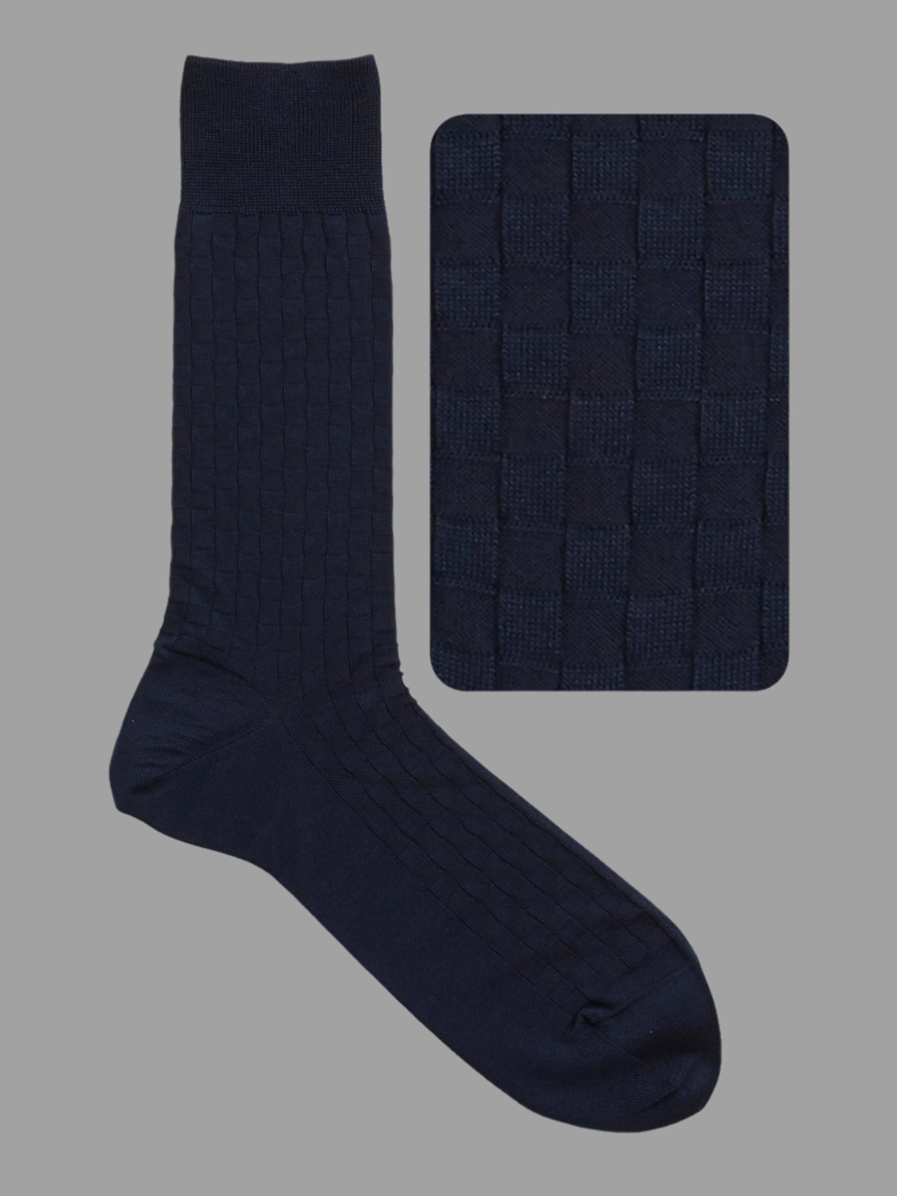 Tabio Damier Pattern Mid-Calf Socks in navy, detailed texture close-up and side view, perfect for business attire.