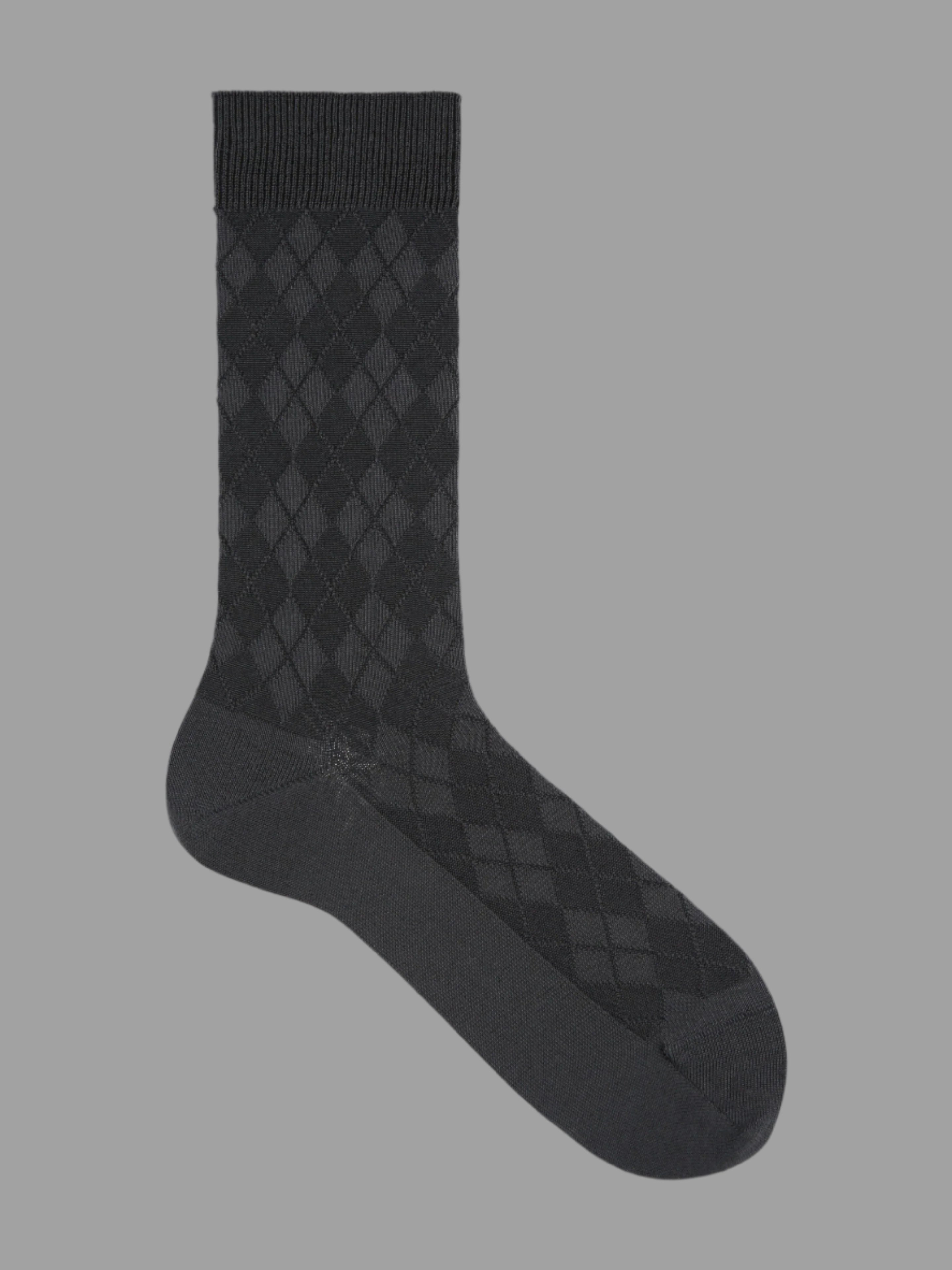 Tabio Supima Cotton Diamond Crew Socks, Navy/Grey, side view showcasing classic diamond pattern and ribbed cuff.