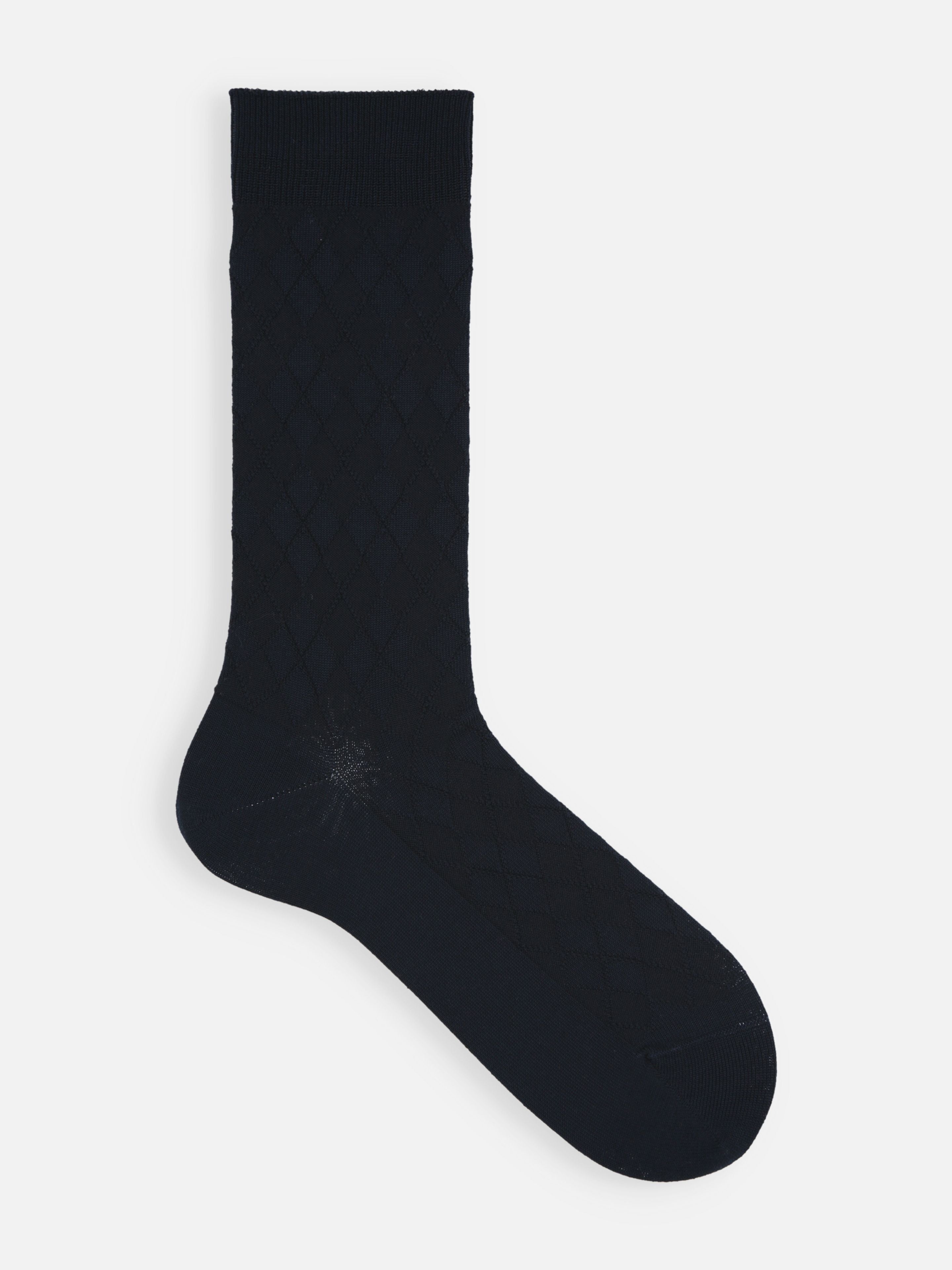 Tabio Supima Cotton Diamond Crew Socks in navy/grey, featuring a rich diamond design and delicate, cozy fabric texture.