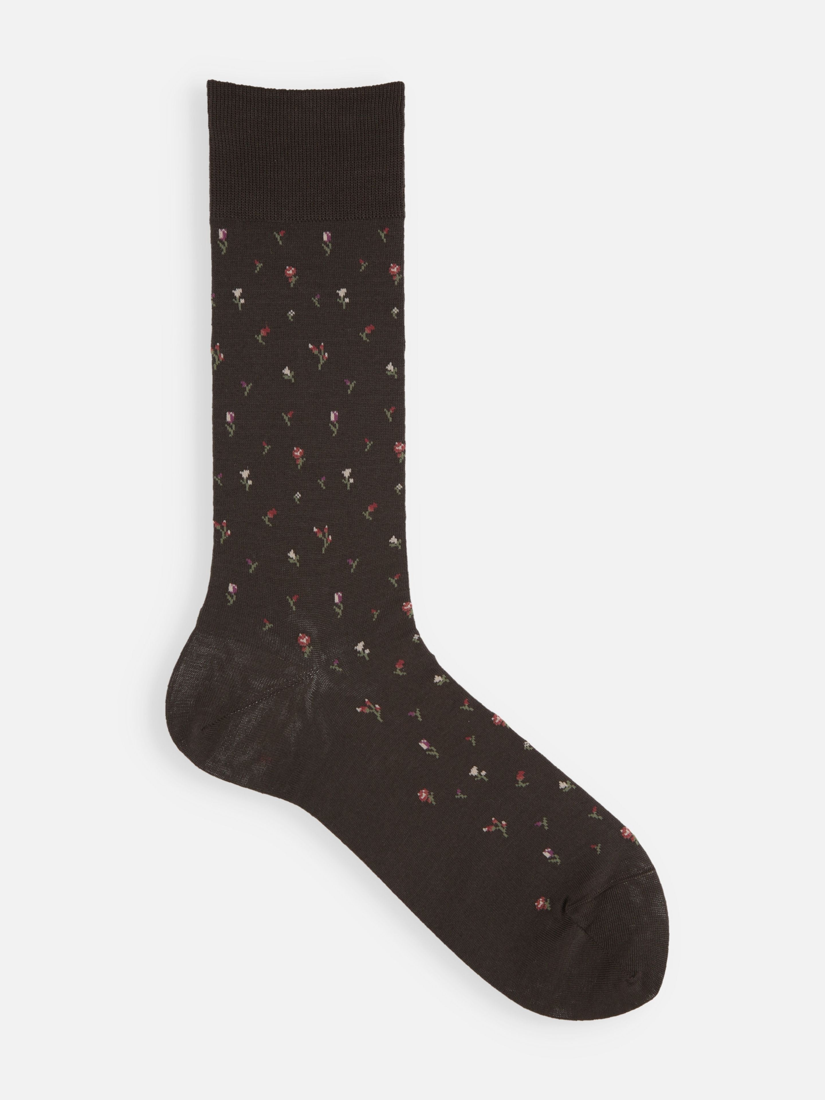 Tabio Supima Small Floral Print Socks in Brown/Navy, featuring a delicate floral design, shown in a side view.