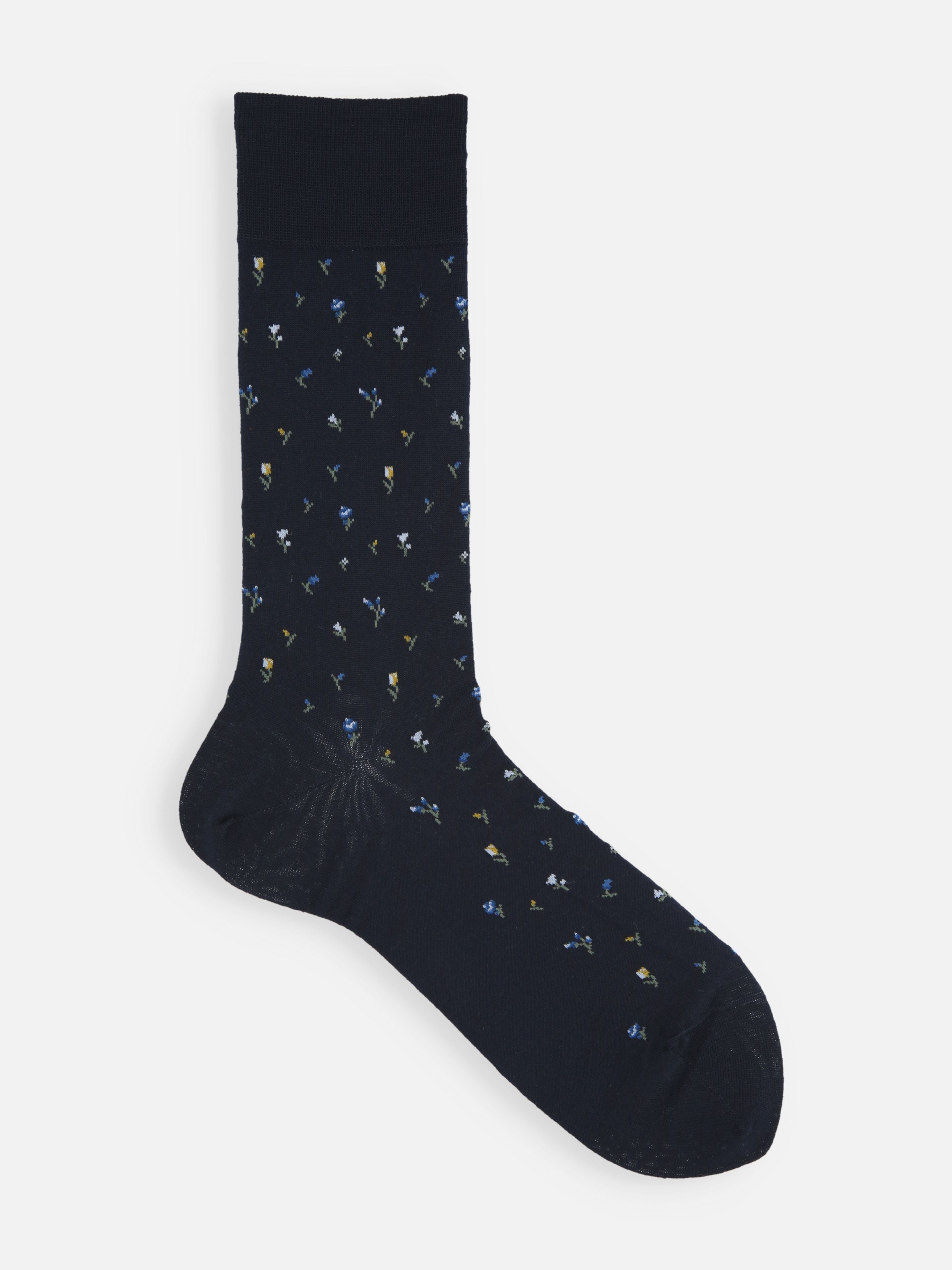 Tabio Supima Small Floral Print Socks in navy, showcasing intricate flowers, ideal for adding flair to casual outfits.